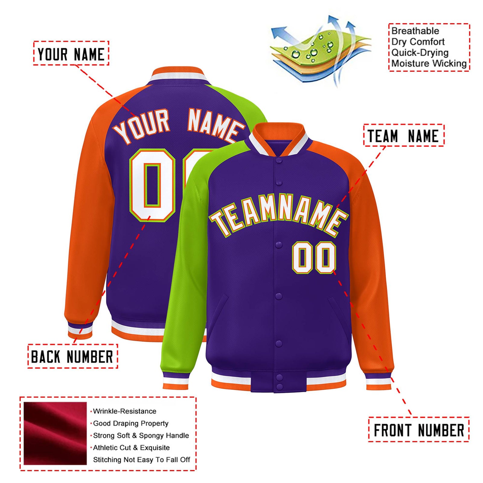 Custom Purple Orange-Neon Green Raglan Sleeves Varsity Full-Snap Letterman Jacket