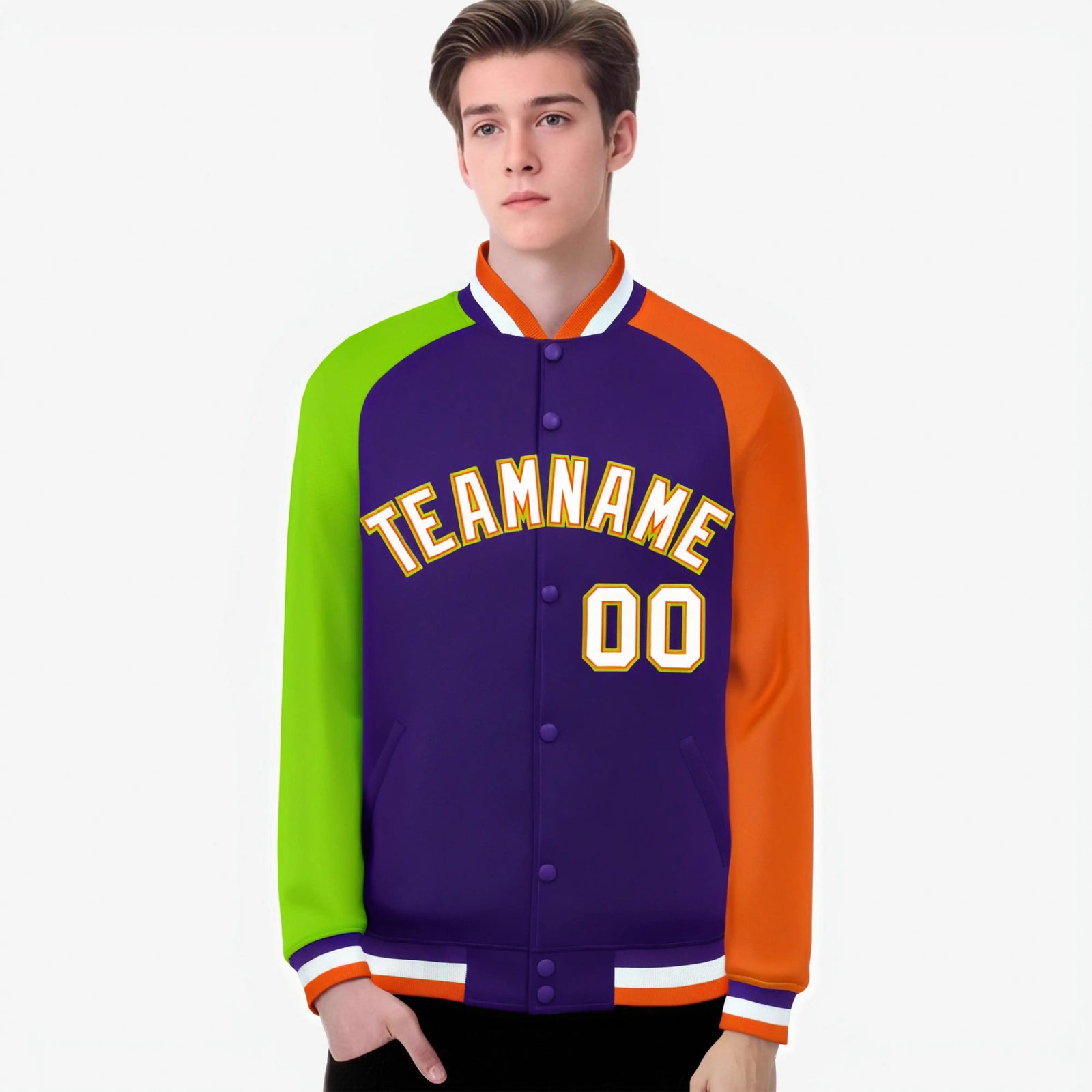 Custom Purple Orange-Neon Green Raglan Sleeves Varsity Full-Snap Letterman Jacket