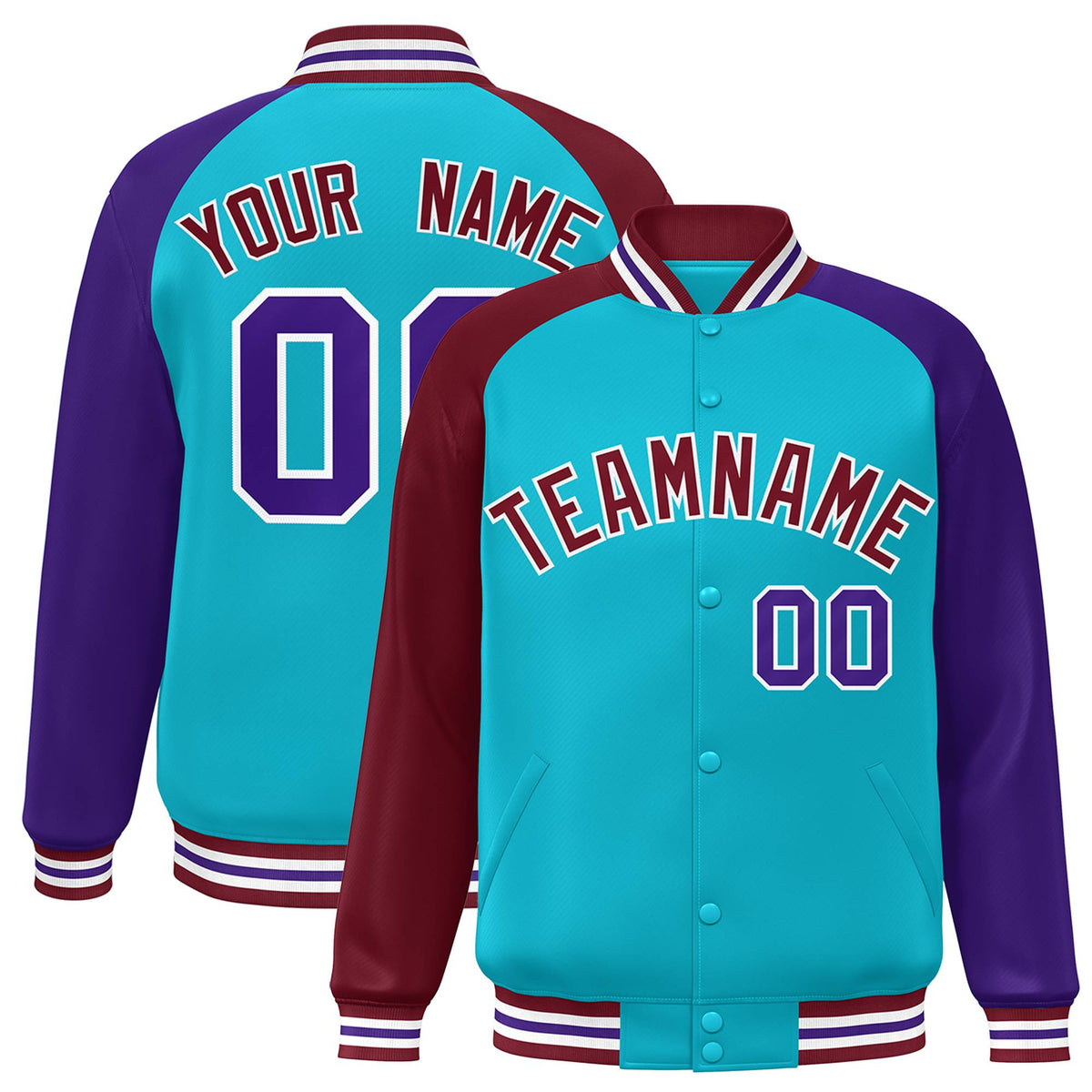 Custom Aqua Crimson-Purple Raglan Sleeves Varsity Full-Snap Letterman Jacket