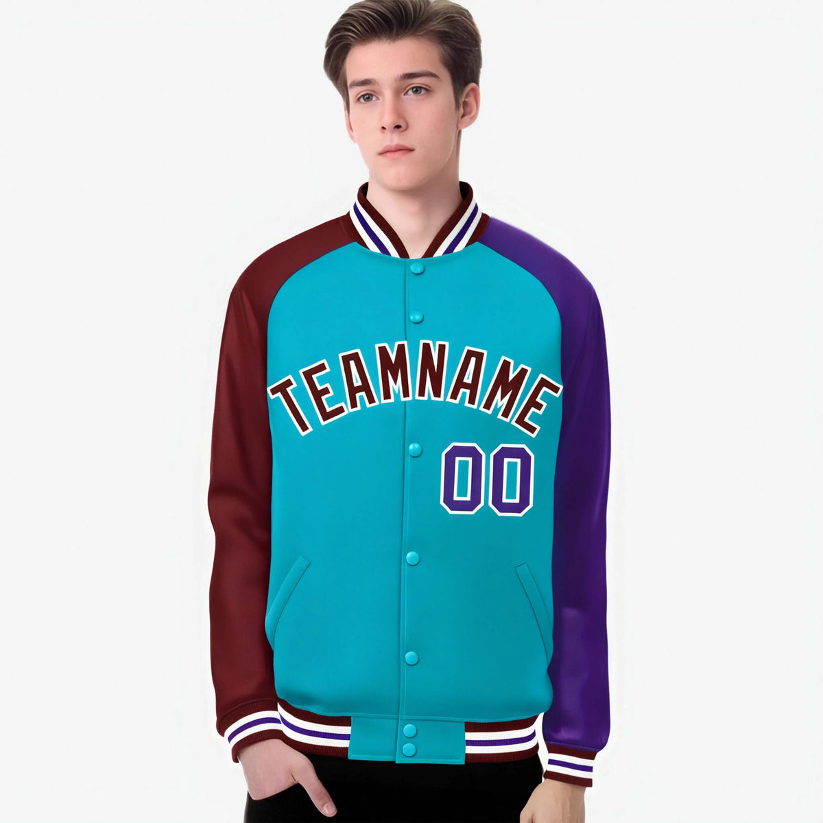 Custom Aqua Crimson-Purple Raglan Sleeves Varsity Full-Snap Letterman Jacket