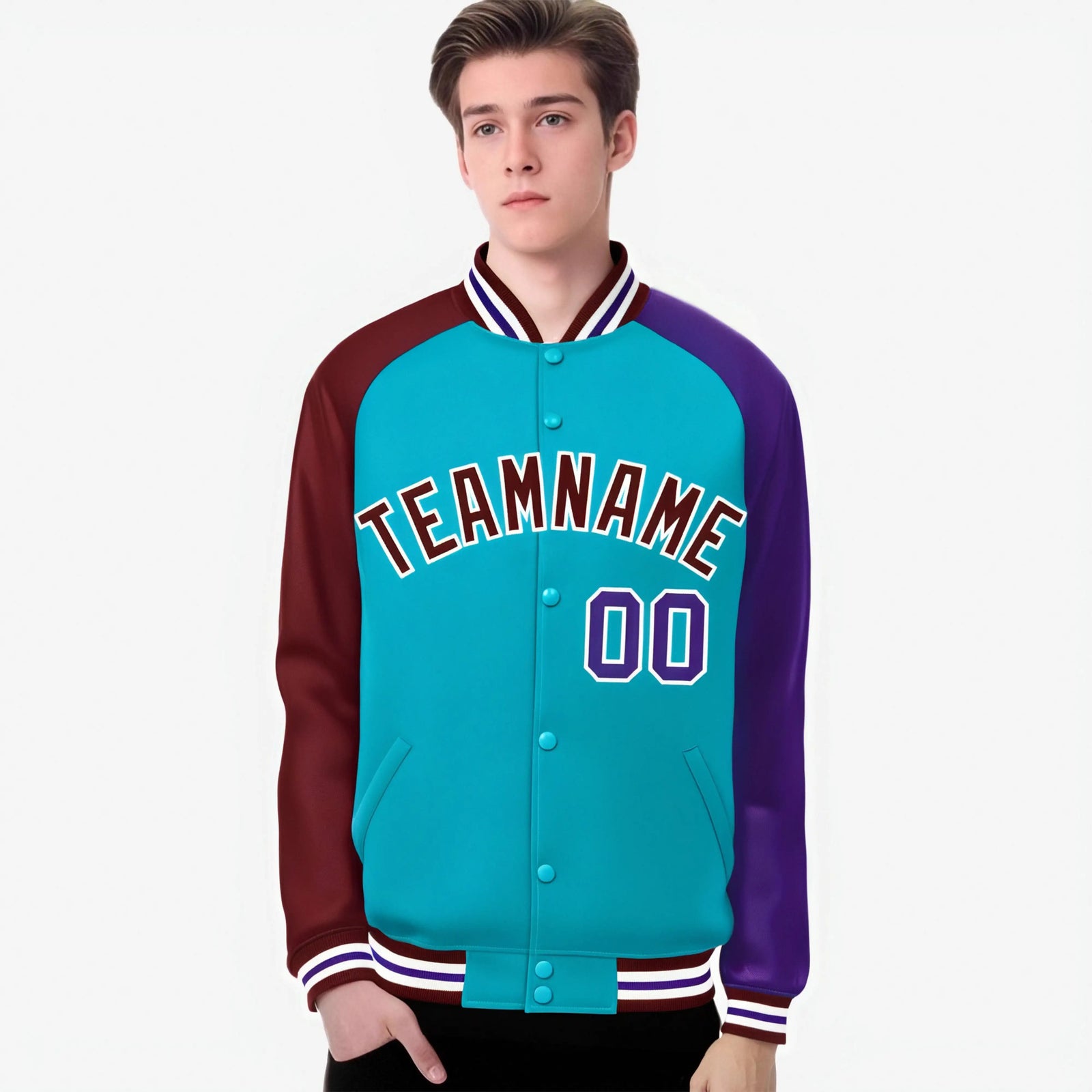 Custom Aqua Crimson-Purple Raglan Sleeves Varsity Full-Snap Letterman Jacket