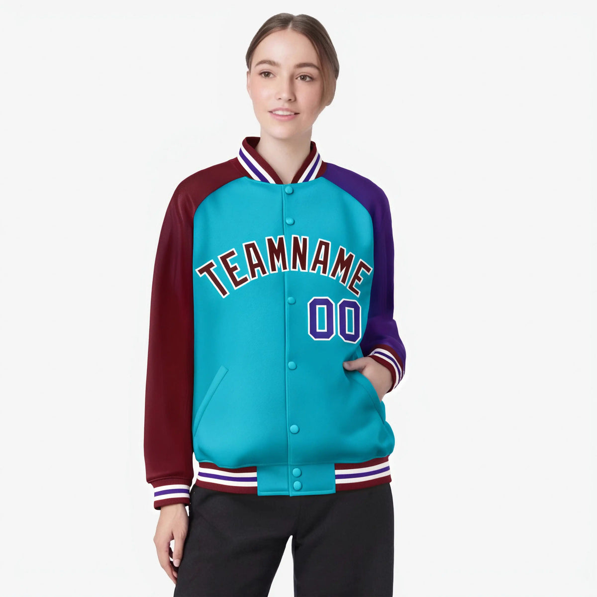 Custom Aqua Crimson-Purple Raglan Sleeves Varsity Full-Snap Letterman Jacket