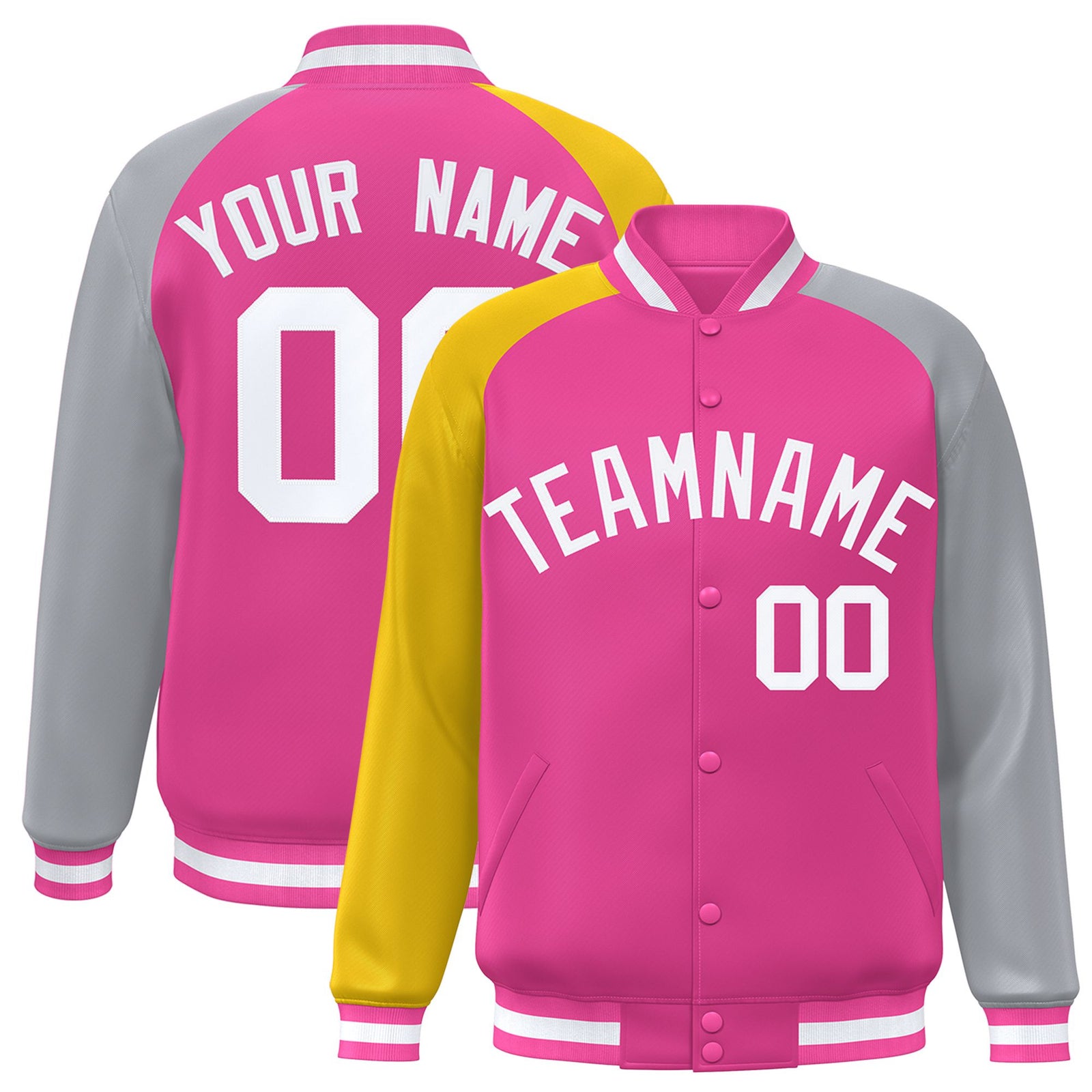 Custom Pink Gray-Gold Raglan Sleeves Varsity Full-Snap Letterman Jacket