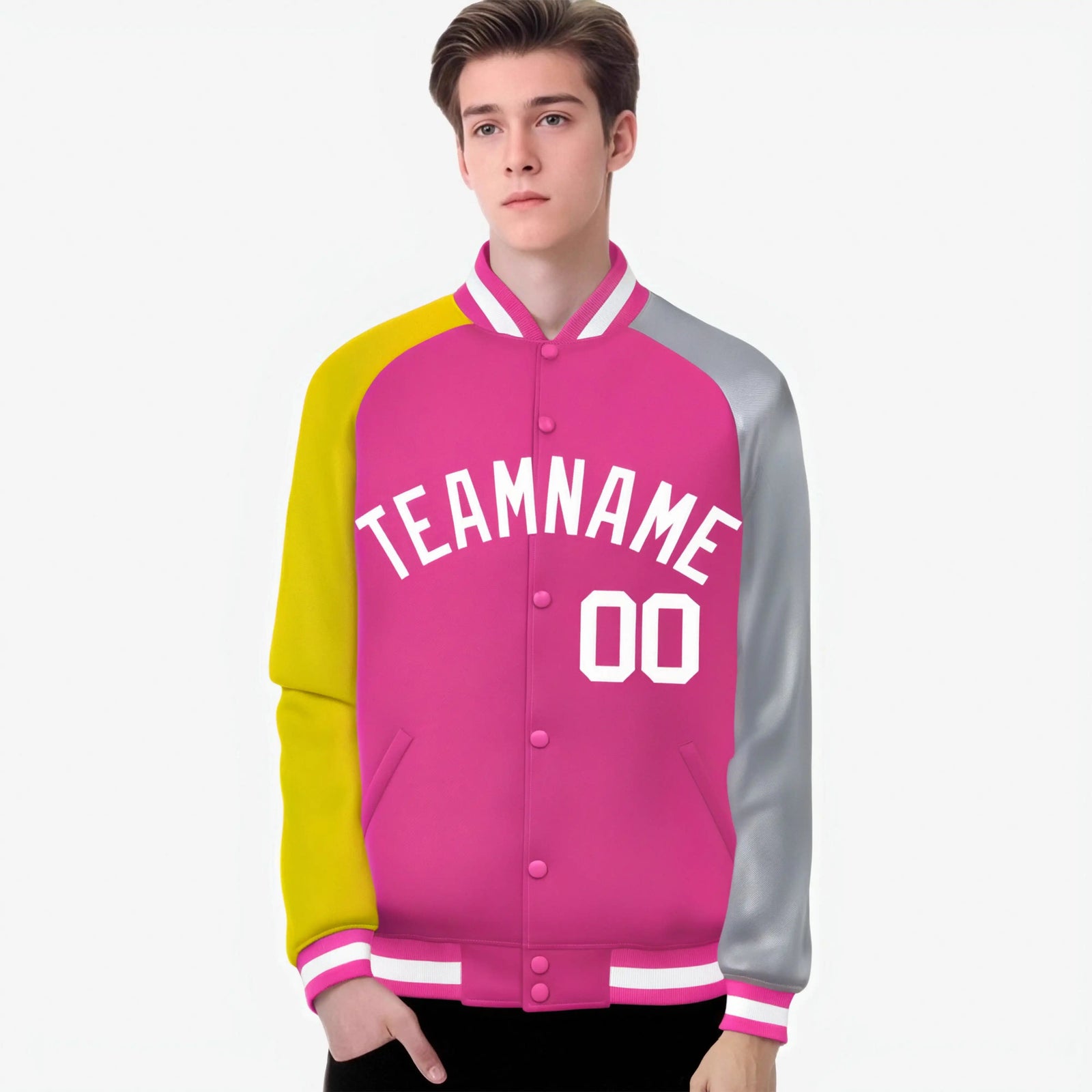 Custom Pink Gray-Gold Raglan Sleeves Varsity Full-Snap Letterman Jacket