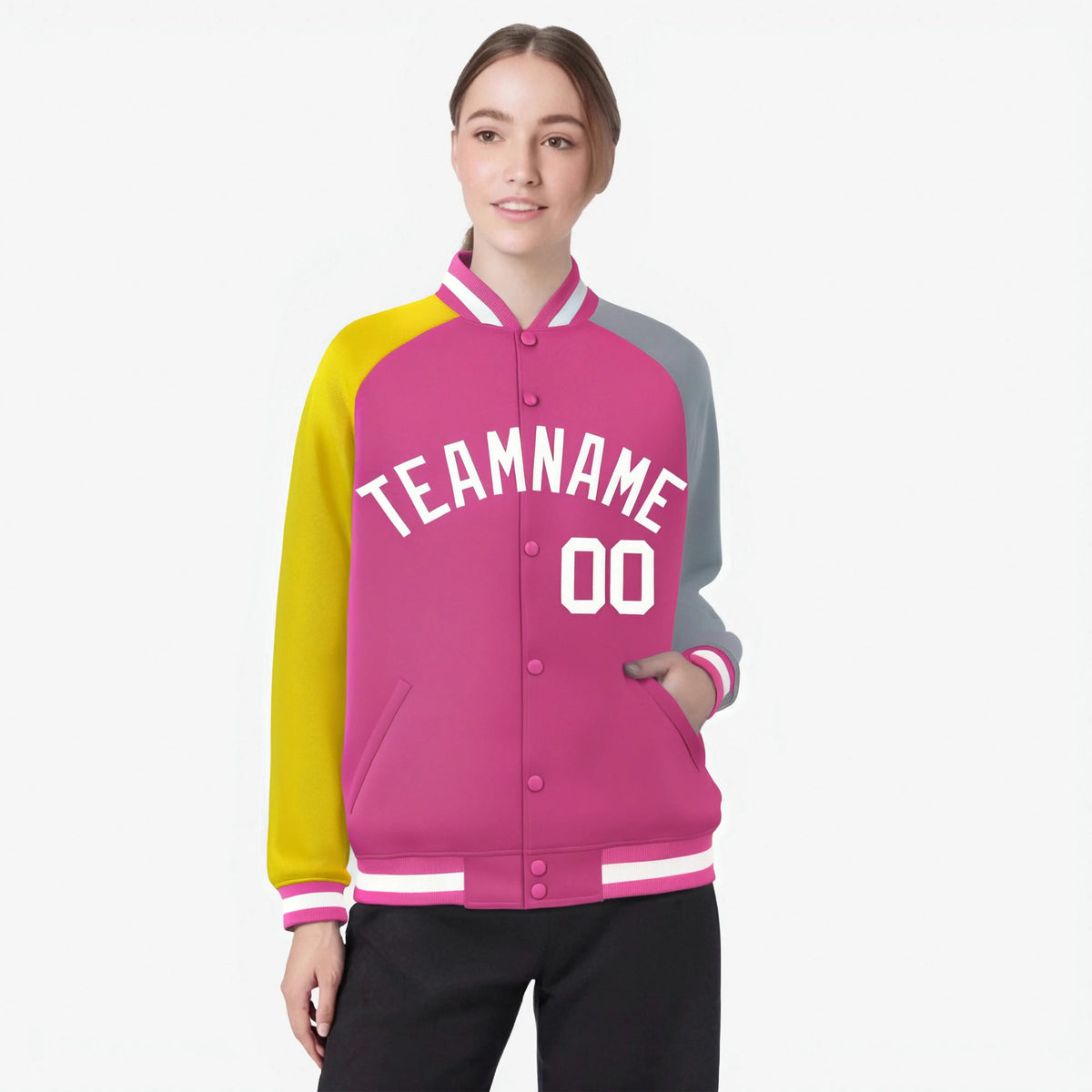 Custom Pink Gray-Gold Raglan Sleeves Varsity Full-Snap Letterman Jacket