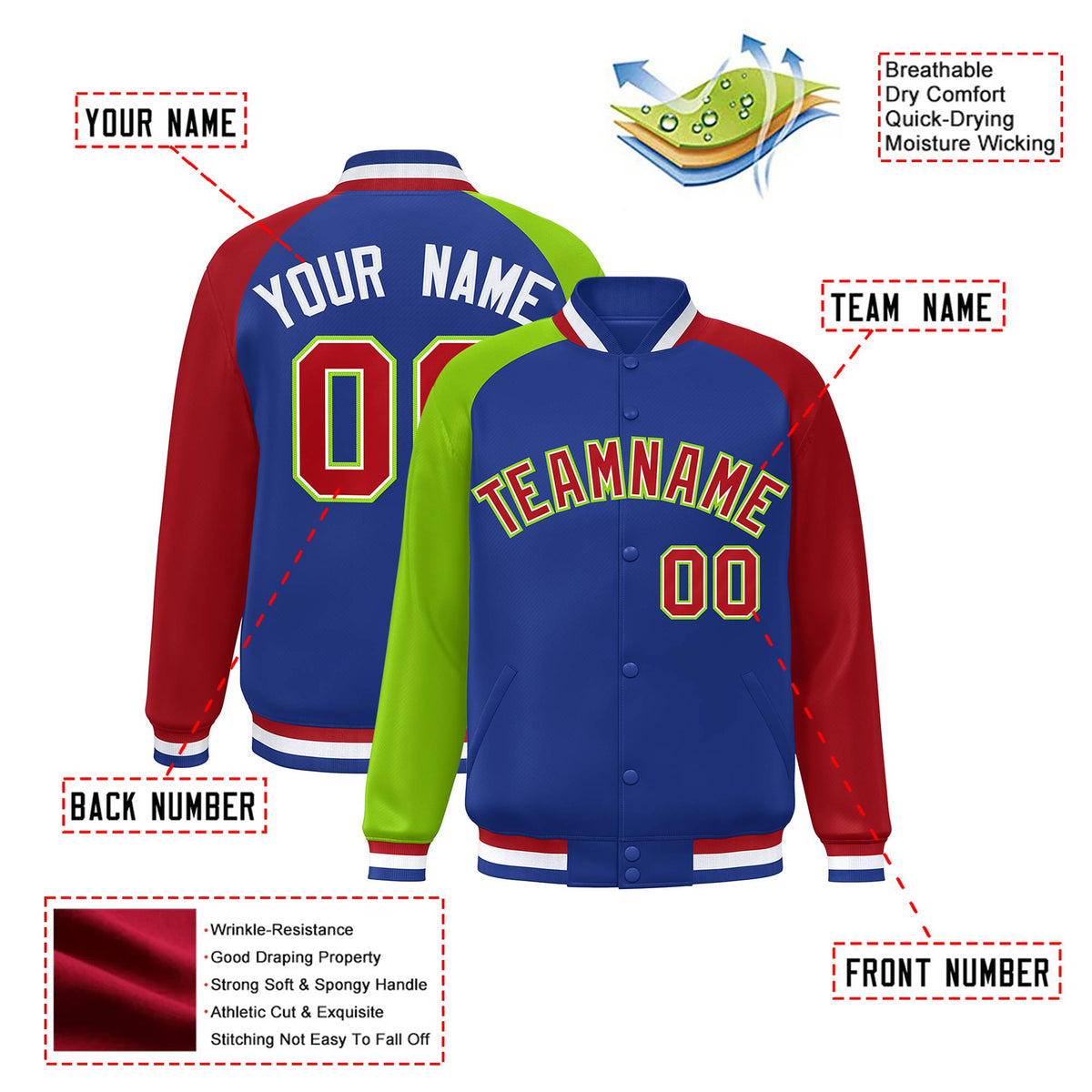 Custom Royal Blue Red-Neon Green Raglan Sleeves Varsity Full-Snap Letterman Jacket