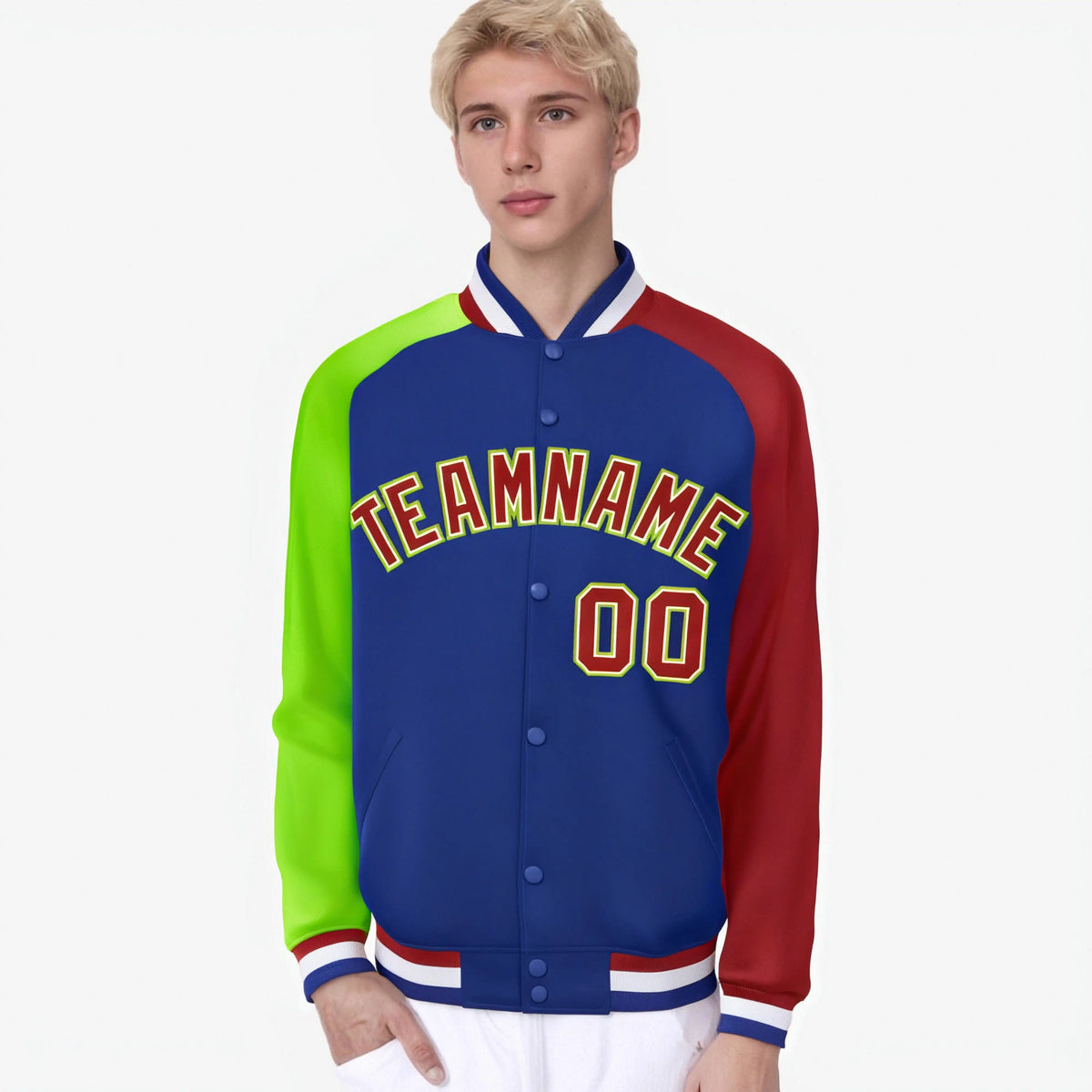 Custom Royal Blue Red-Neon Green Raglan Sleeves Varsity Full-Snap Letterman Jacket