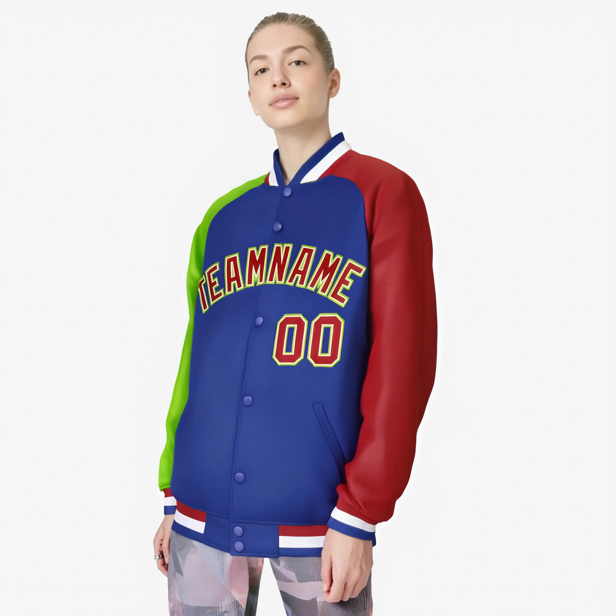 Custom Royal Blue Red-Neon Green Raglan Sleeves Varsity Full-Snap Letterman Jacket