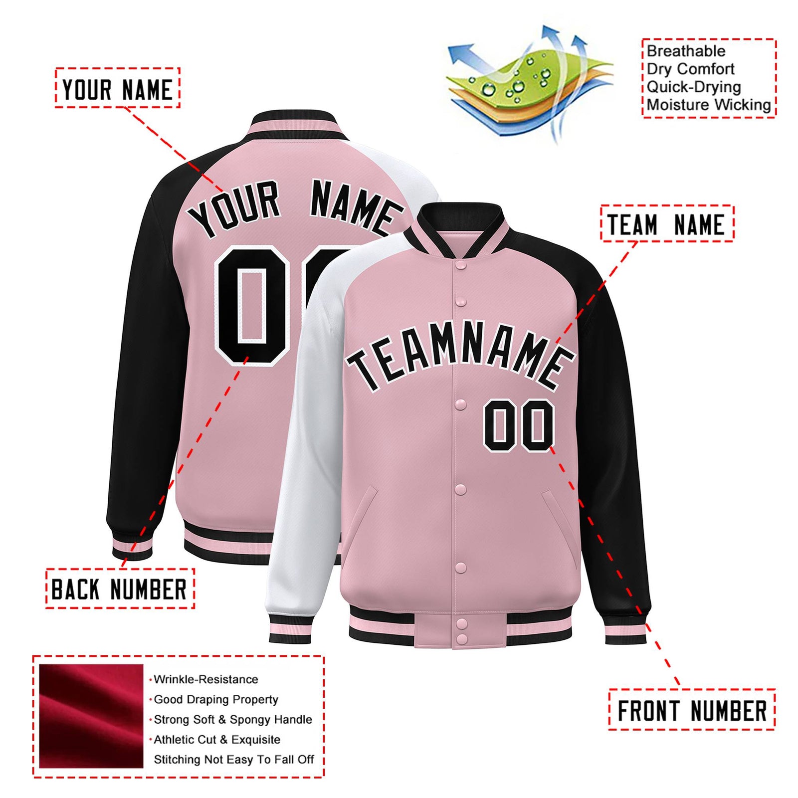 Custom Pink Black-White Raglan Sleeves Varsity Full-Snap Letterman Jacket