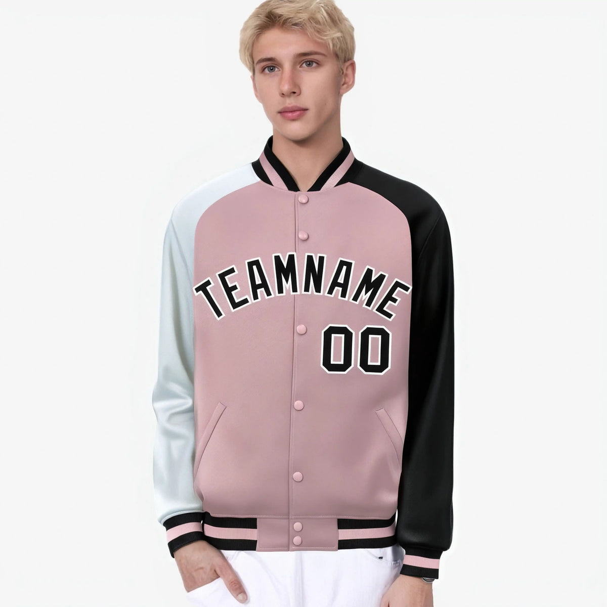 Custom Pink Black-White Raglan Sleeves Varsity Full-Snap Letterman Jacket