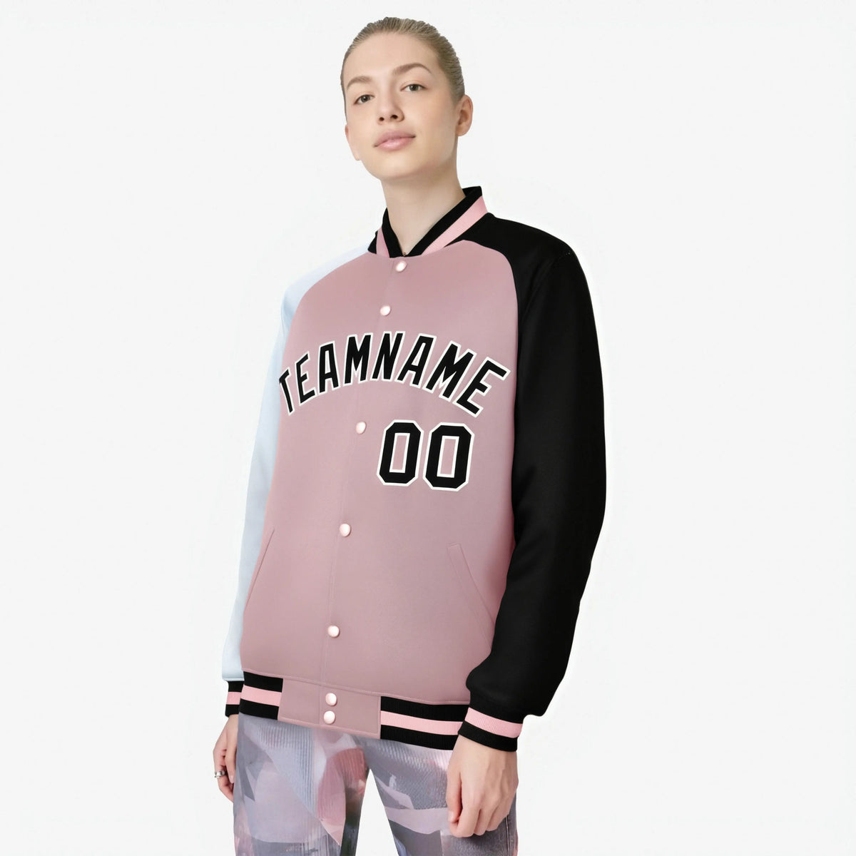 Custom Pink Black-White Raglan Sleeves Varsity Full-Snap Letterman Jacket
