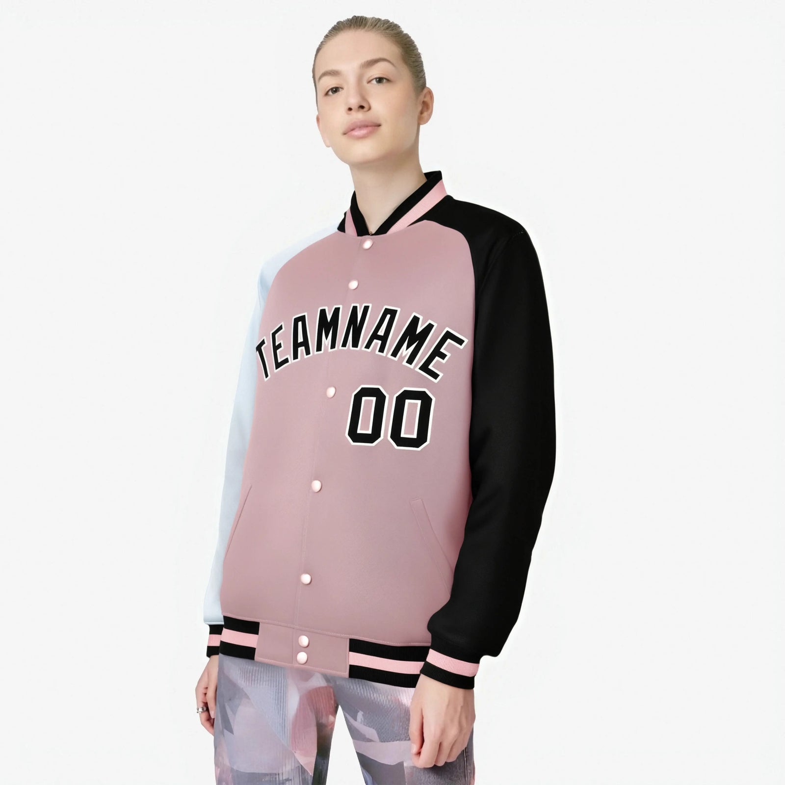 Custom Pink Black-White Raglan Sleeves Varsity Full-Snap Letterman Jacket