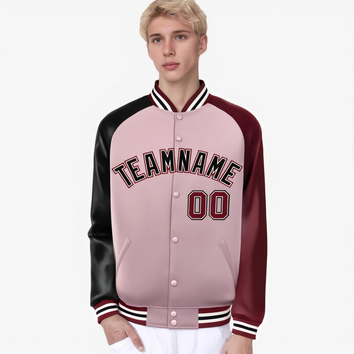 Custom Pink Crimson-Black Raglan Sleeves Varsity Full-Snap Letterman Jacket