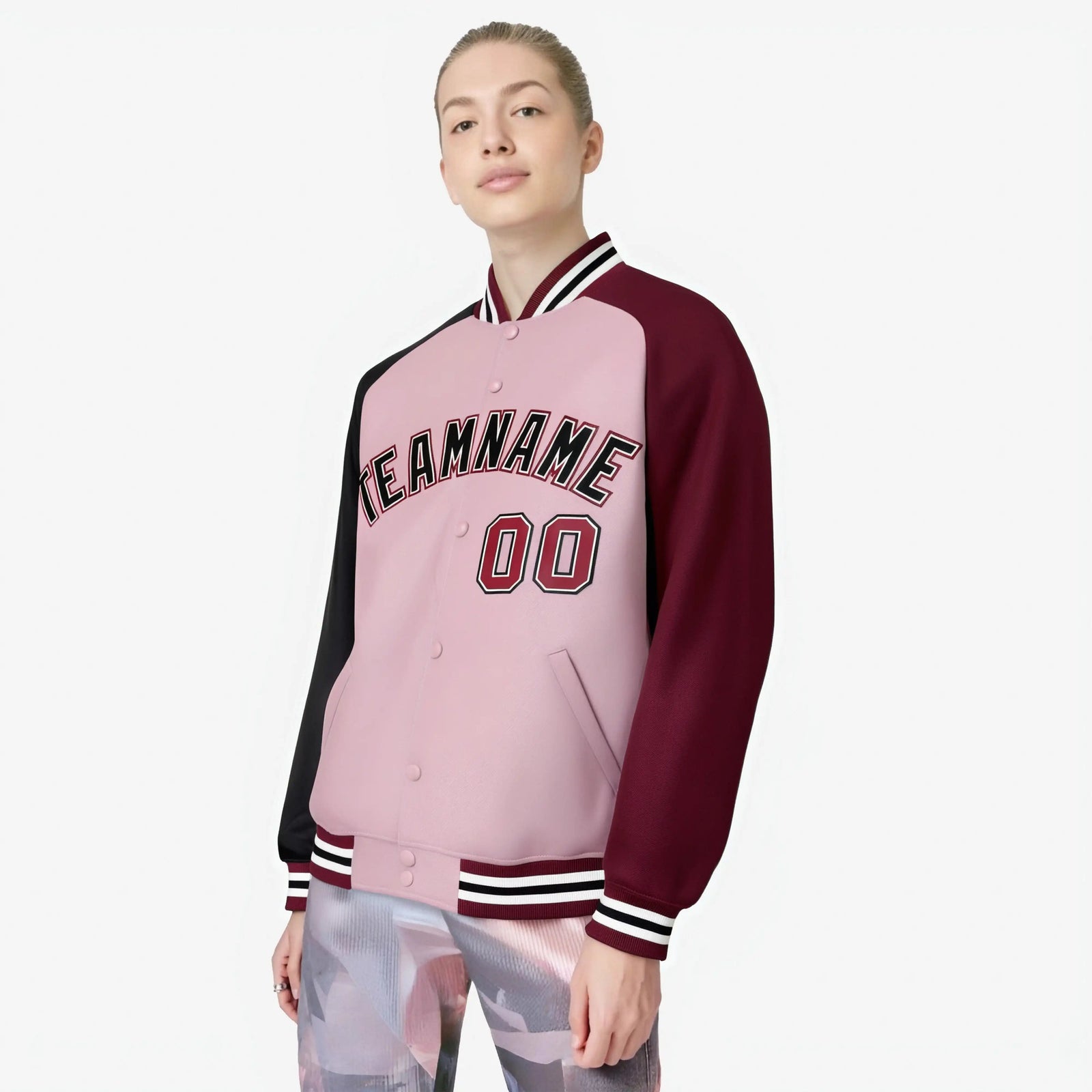 Custom Pink Crimson-Black Raglan Sleeves Varsity Full-Snap Letterman Jacket