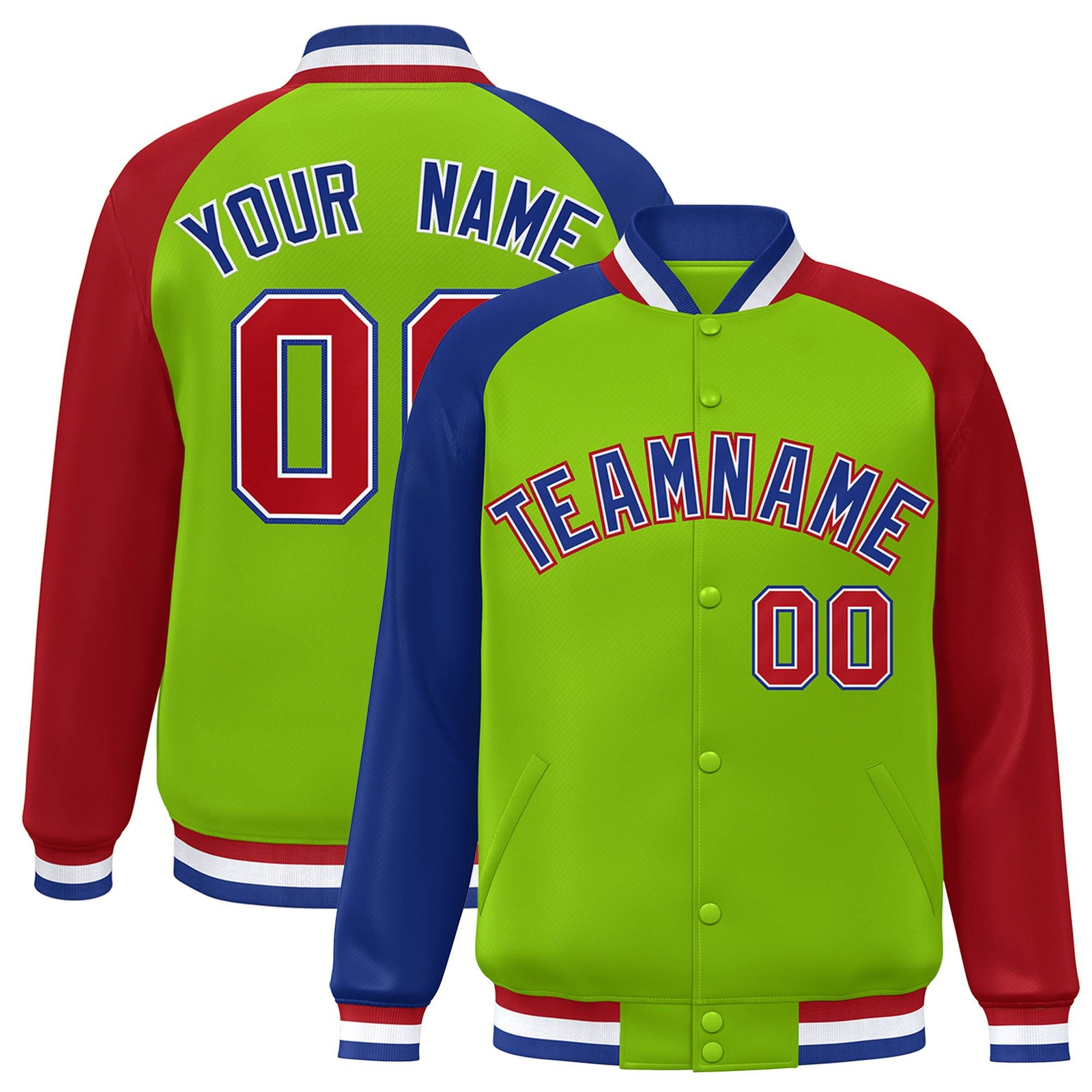 Custom Neon Green Red-Royal Blue Raglan Sleeves Varsity Full-Snap Letterman Jacket