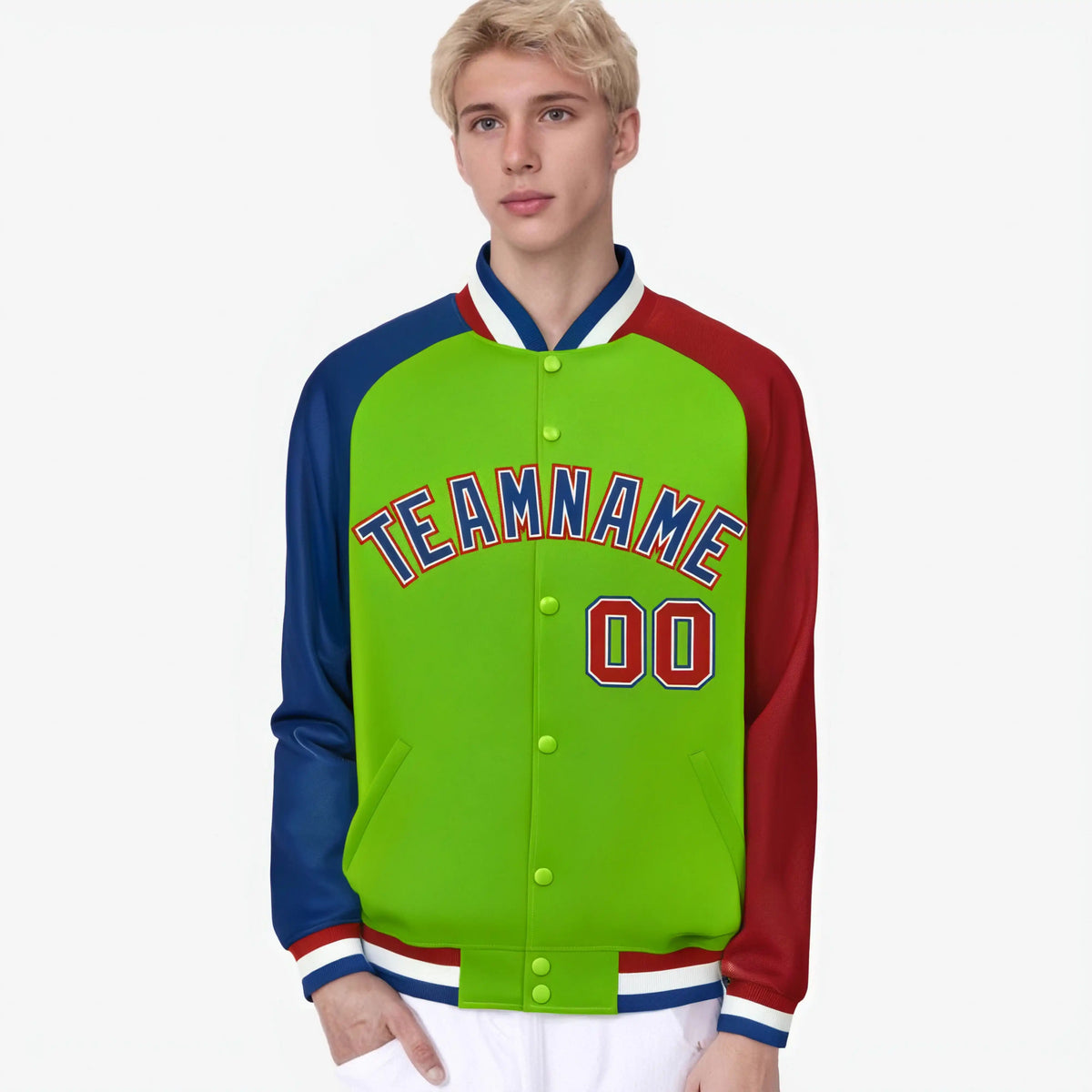 Custom Neon Green Red-Royal Blue Raglan Sleeves Varsity Full-Snap Letterman Jacket