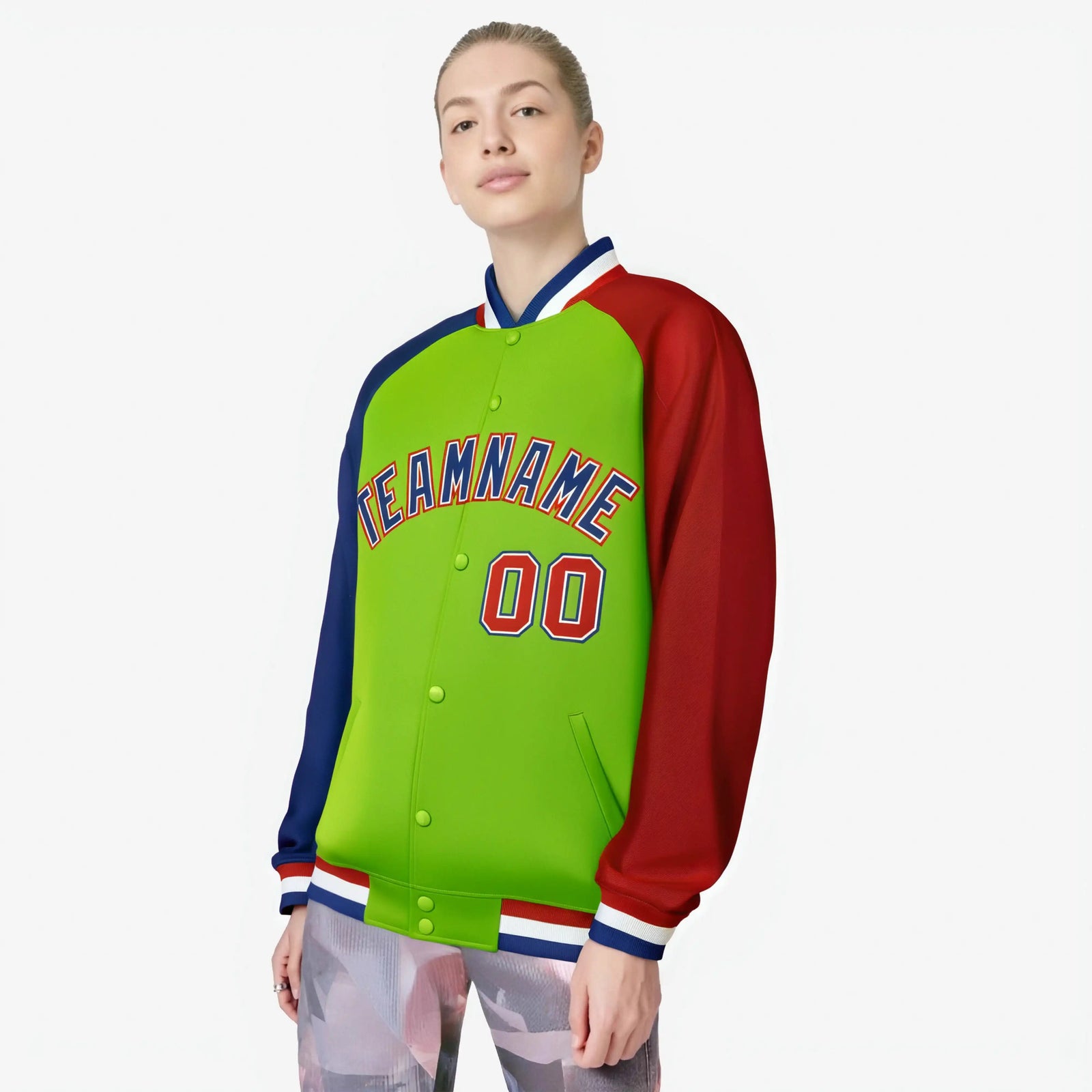 Custom Neon Green Red-Royal Blue Raglan Sleeves Varsity Full-Snap Letterman Jacket