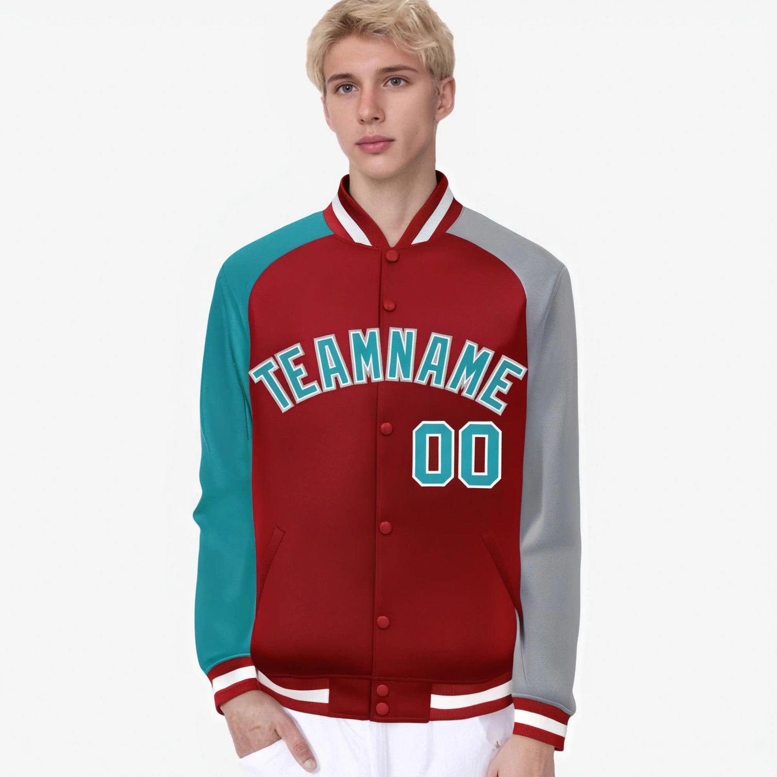 Custom Red Gray-Aqua Raglan Sleeves Varsity Full-Snap Letterman Jacket