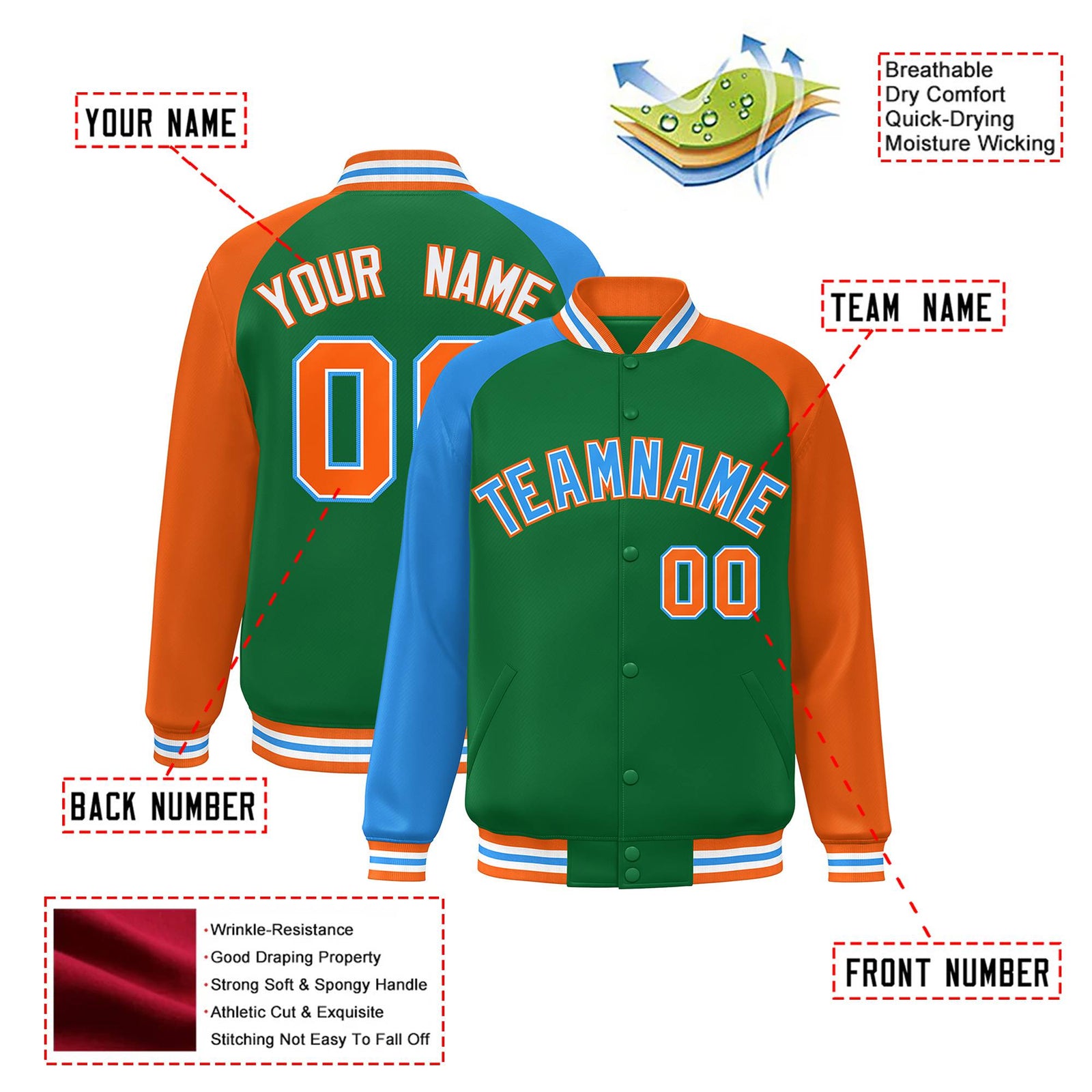 Custom Kelly Green Orange-Powder Blue Raglan Sleeves Varsity Full-Snap Letterman Jacket