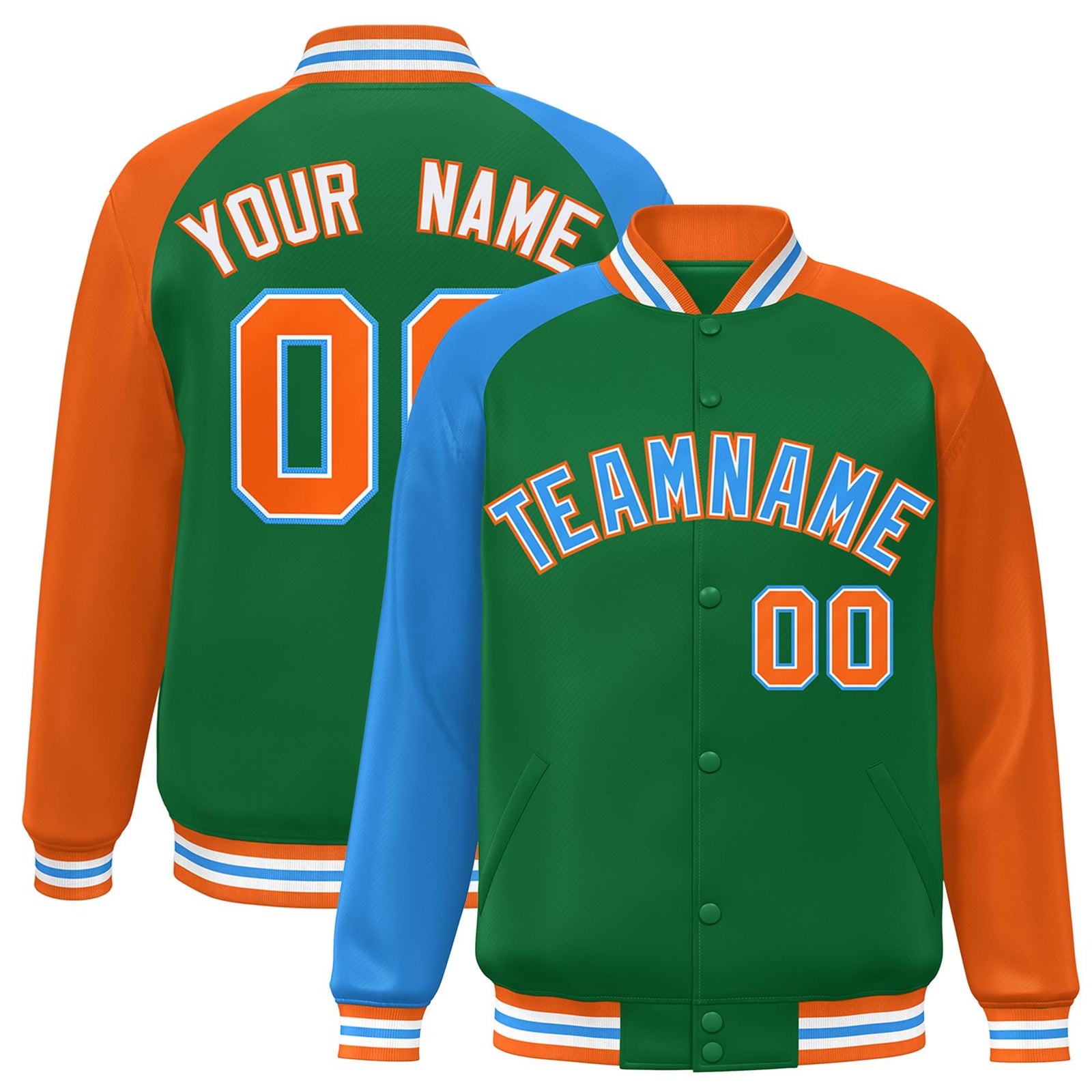 Custom Kelly Green Orange-Powder Blue Raglan Sleeves Varsity Full-Snap Letterman Jacket