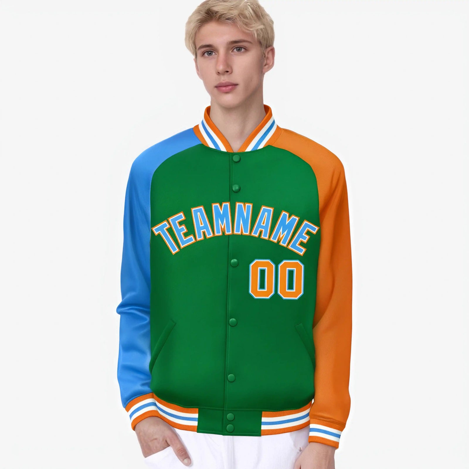 Custom Kelly Green Orange-Powder Blue Raglan Sleeves Varsity Full-Snap Letterman Jacket