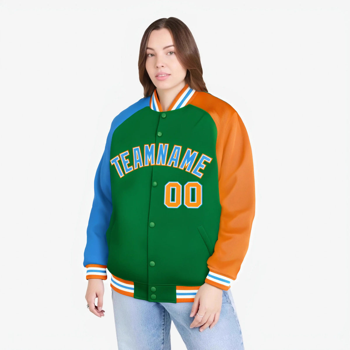 Custom Kelly Green Orange-Powder Blue Raglan Sleeves Varsity Full-Snap Letterman Jacket
