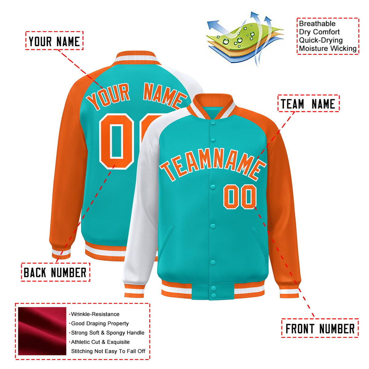 Custom Aqua Orange-White Raglan Sleeves Varsity Full-Snap Letterman Jacket