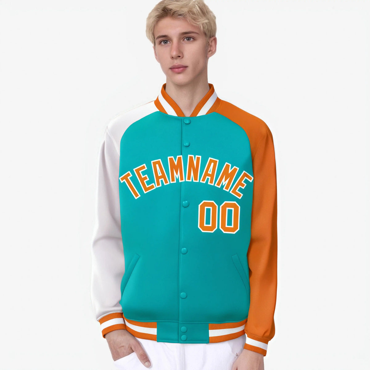 Custom Aqua Orange-White Raglan Sleeves Varsity Full-Snap Letterman Jacket
