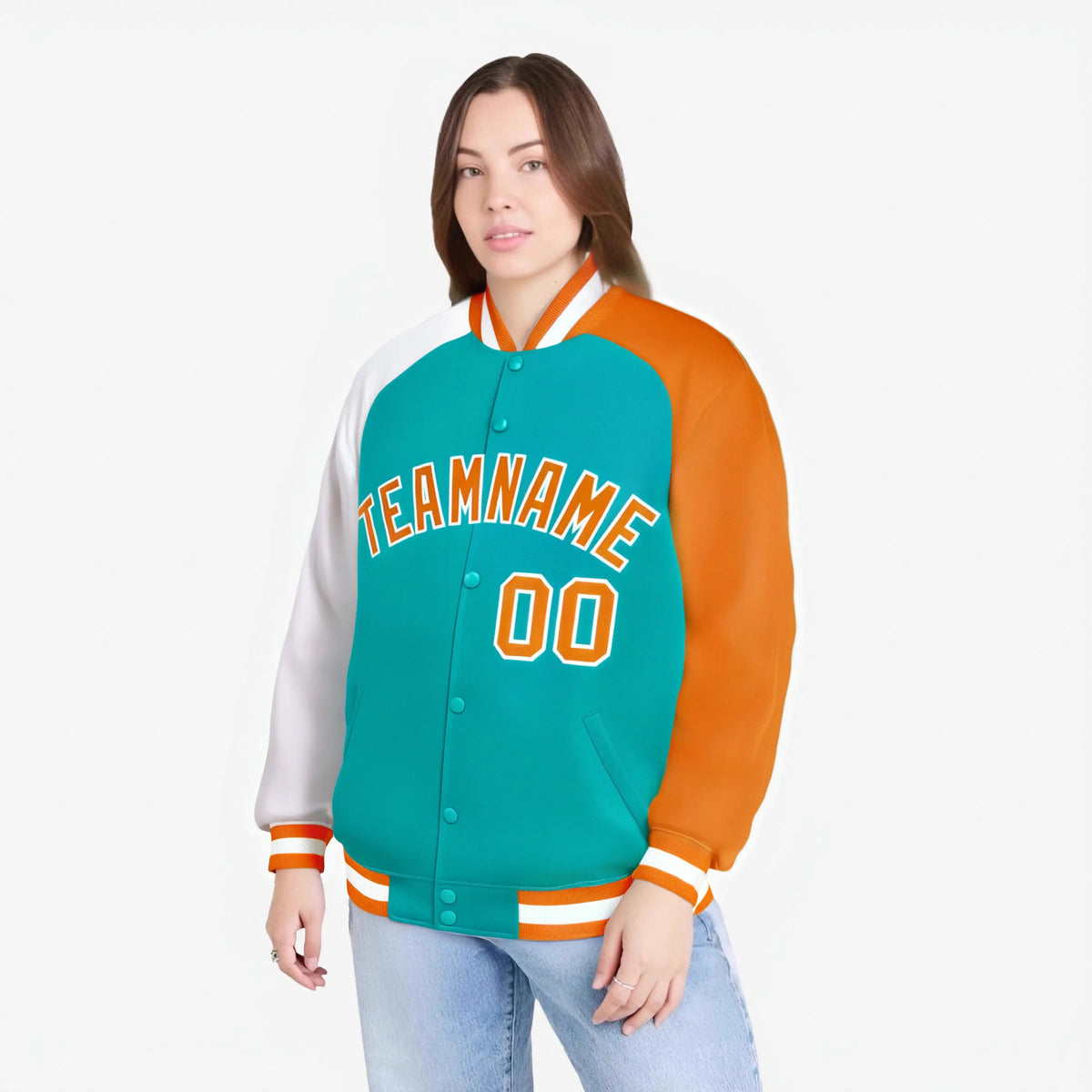 Custom Aqua Orange-White Raglan Sleeves Varsity Full-Snap Letterman Jacket