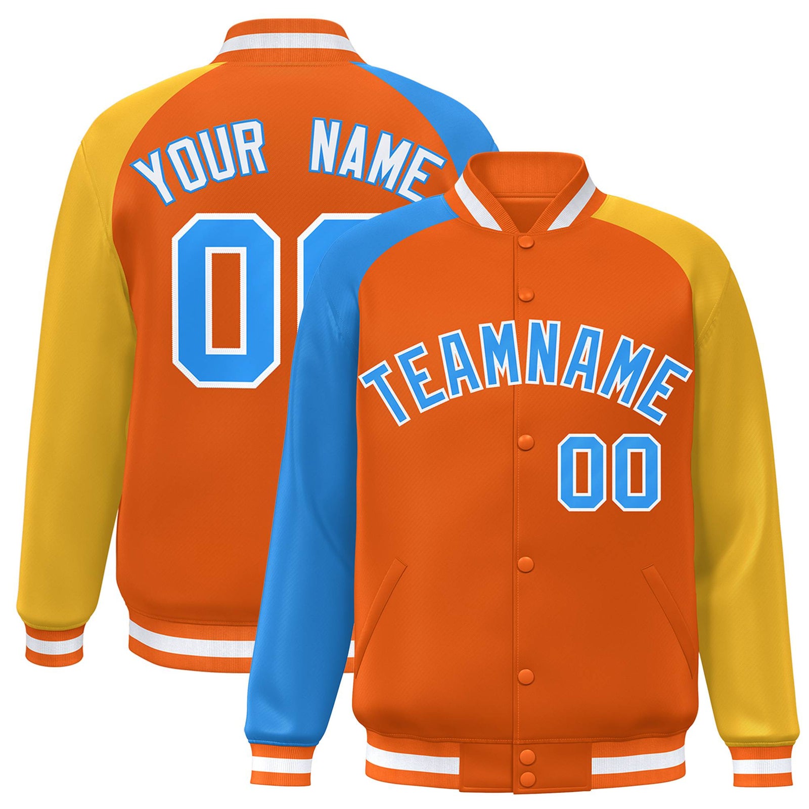 Custom Orange Gold-Powder Blue Raglan Sleeves Varsity Full-Snap Letterman Jacket