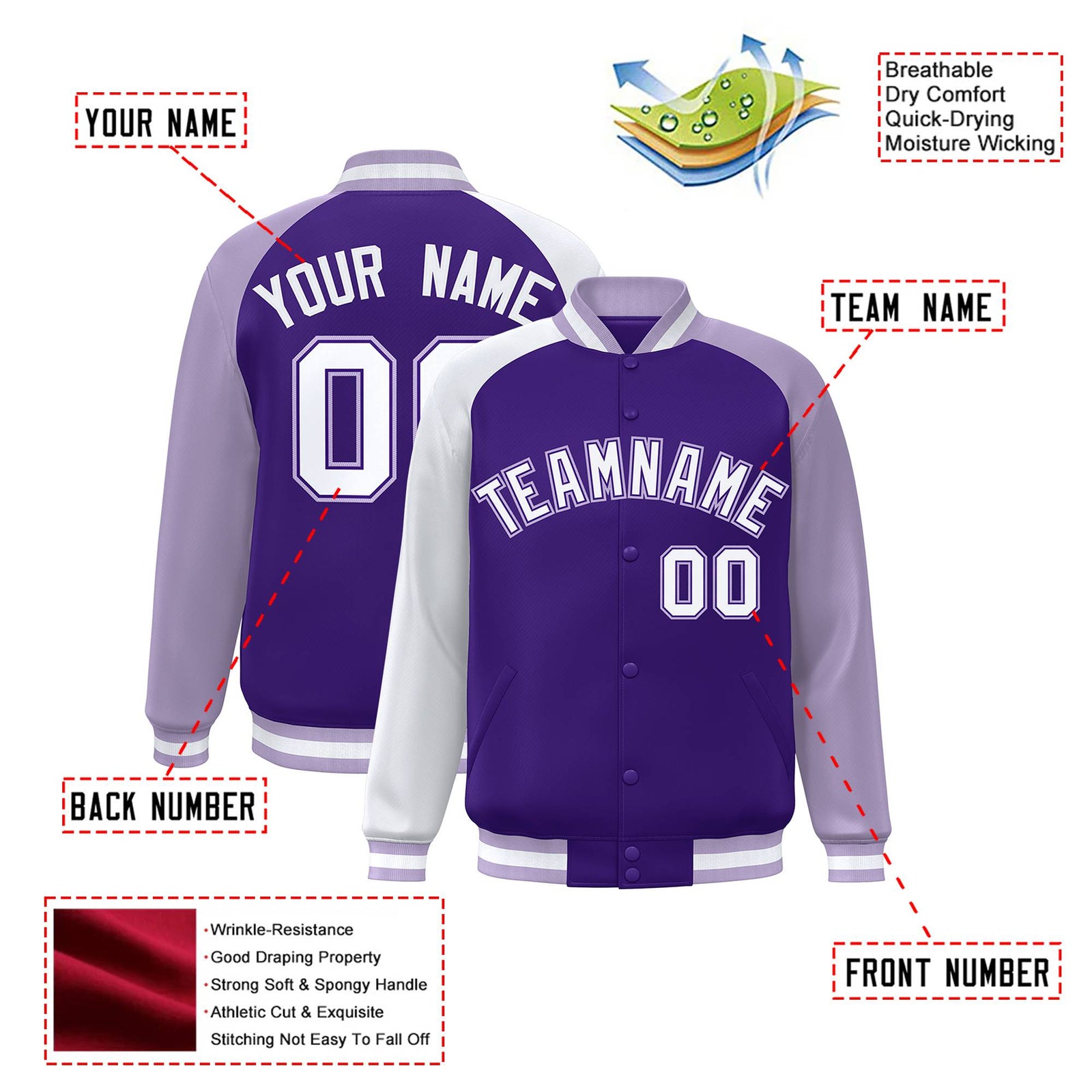 Custom Purple Light Purple-White Raglan Sleeves Varsity Full-Snap Letterman Jacket
