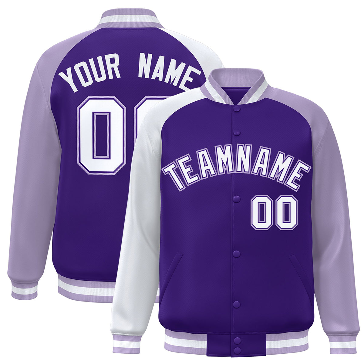 Custom Purple Light Purple-White Raglan Sleeves Varsity Full-Snap Letterman Jacket