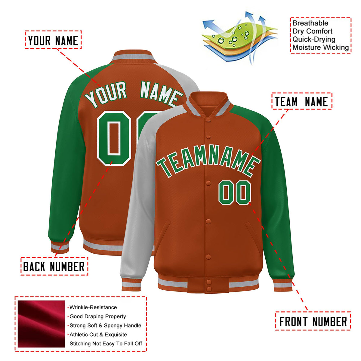 Custom Munsell Kelly Green-Gray Raglan Sleeves Varsity Full-Snap Letterman Jacket