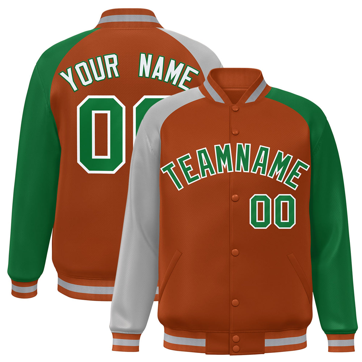 Custom Munsell Kelly Green-Gray Raglan Sleeves Varsity Full-Snap Letterman Jacket