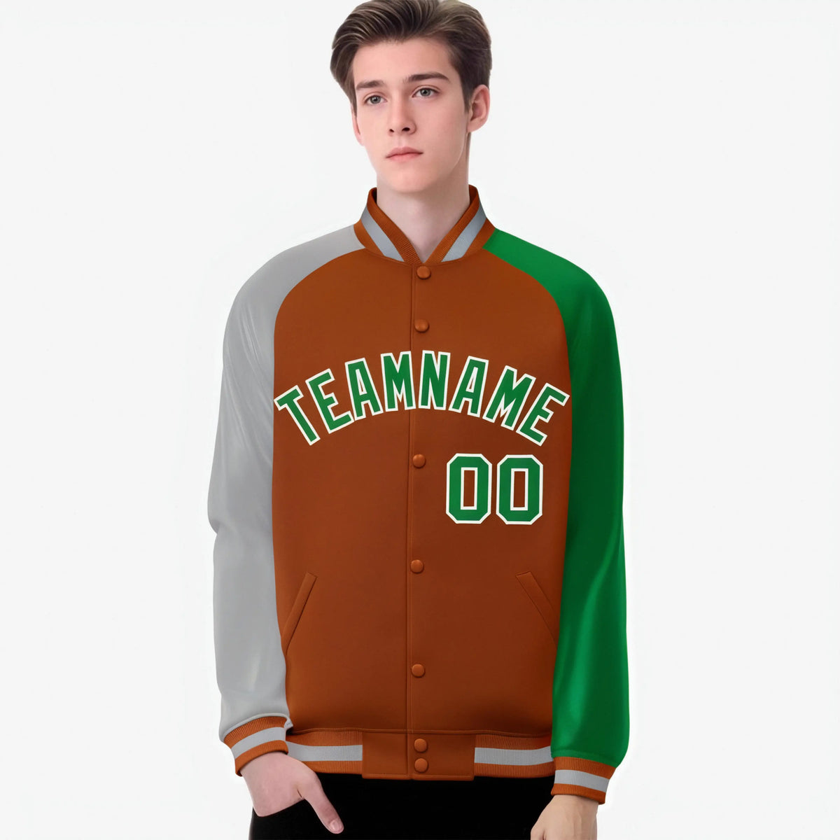 Custom Munsell Kelly Green-Gray Raglan Sleeves Varsity Full-Snap Letterman Jacket