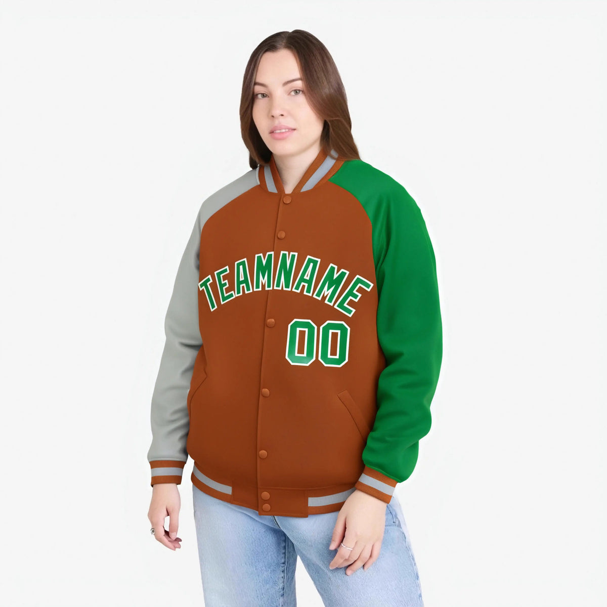 Custom Munsell Kelly Green-Gray Raglan Sleeves Varsity Full-Snap Letterman Jacket