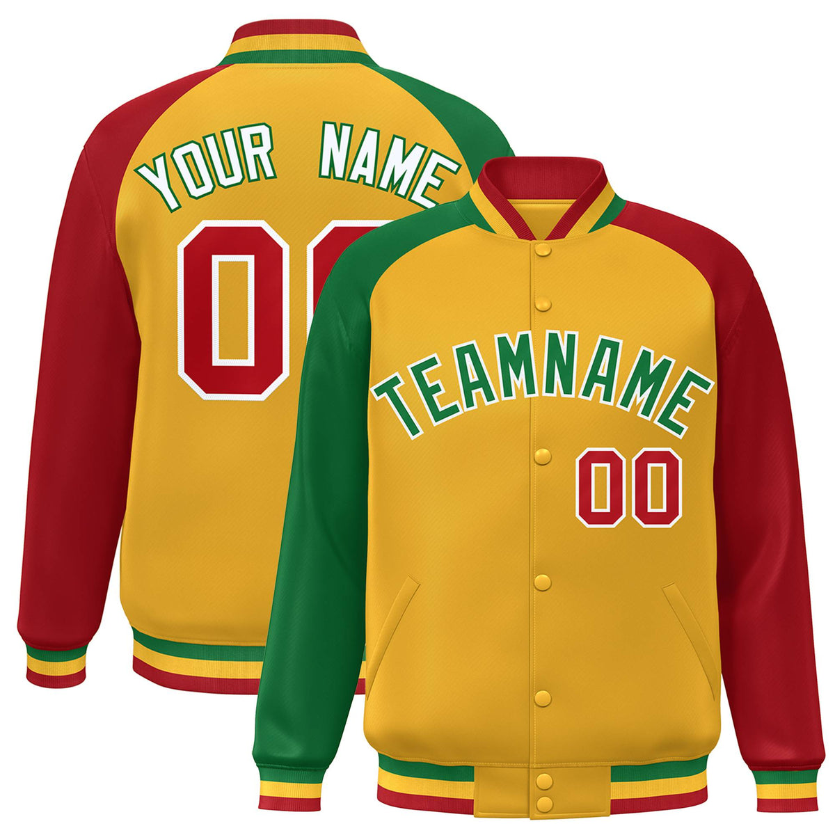 Custom Gold Red-Kelly Green Raglan Sleeves Varsity Full-Snap Letterman Jacket