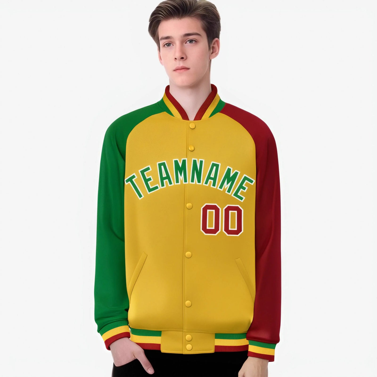 Custom Gold Red-Kelly Green Raglan Sleeves Varsity Full-Snap Letterman Jacket