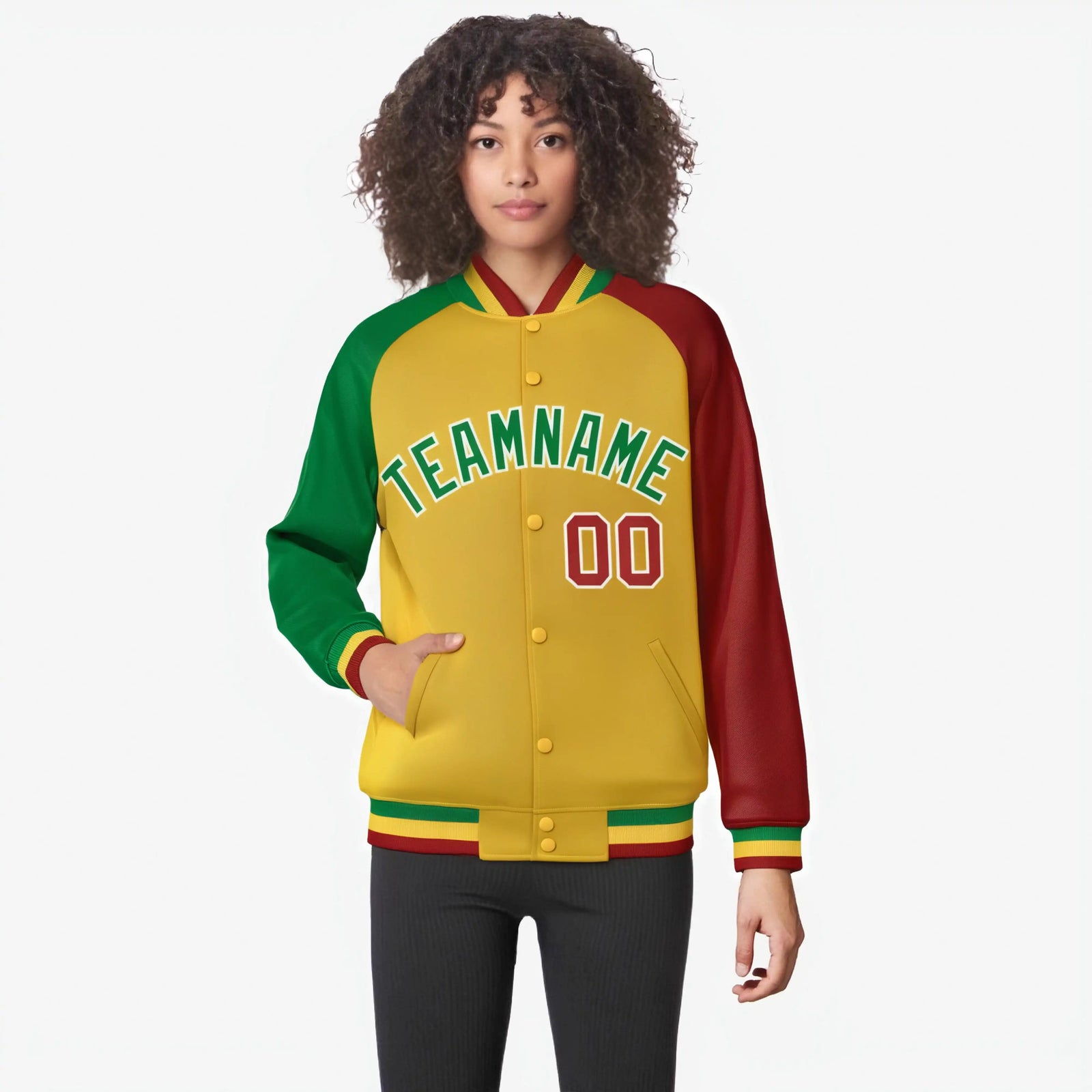Custom Gold Red-Kelly Green Raglan Sleeves Varsity Full-Snap Letterman Jacket
