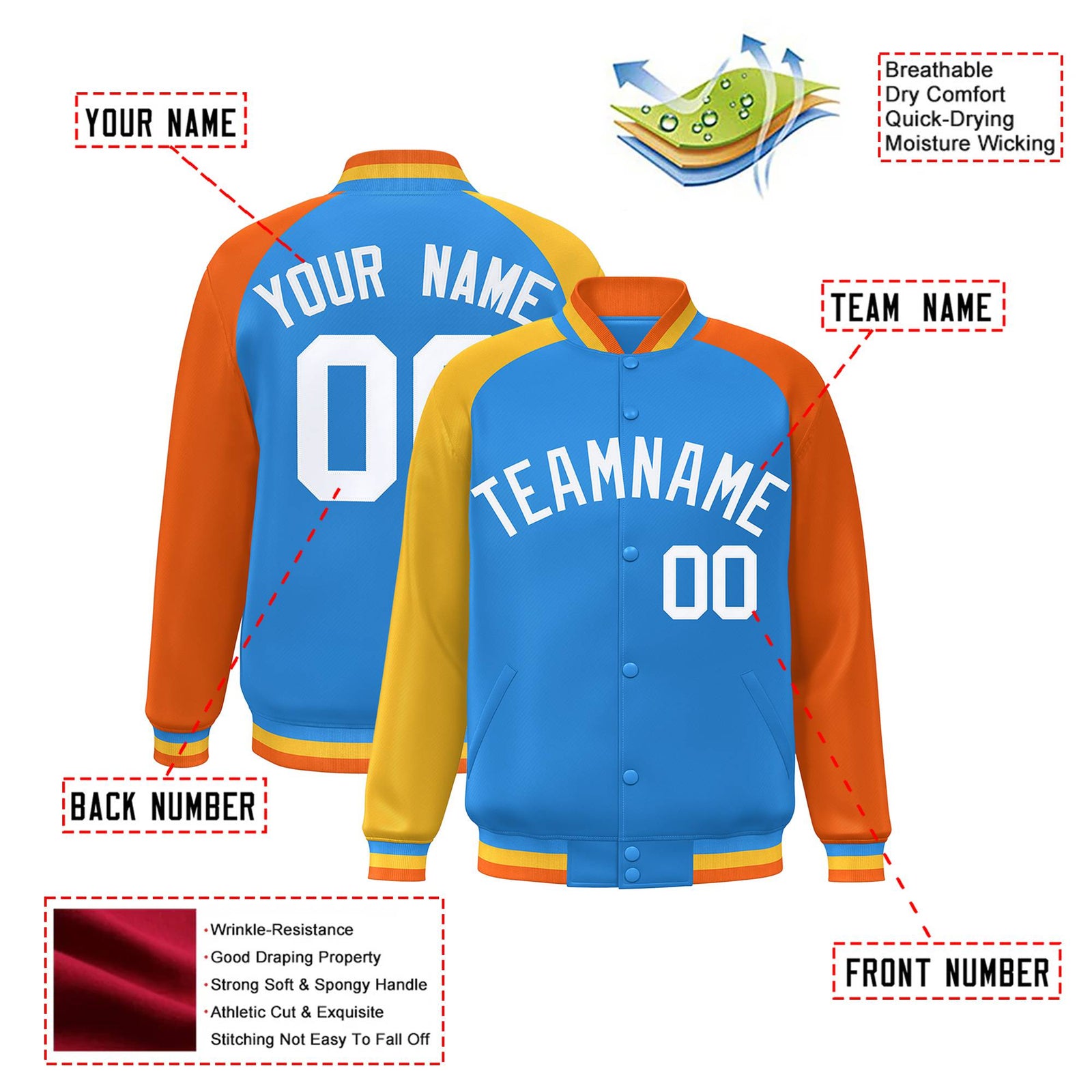 Custom Powder Blue Orange-Gold Raglan Sleeves Varsity Full-Snap Letterman Jacket