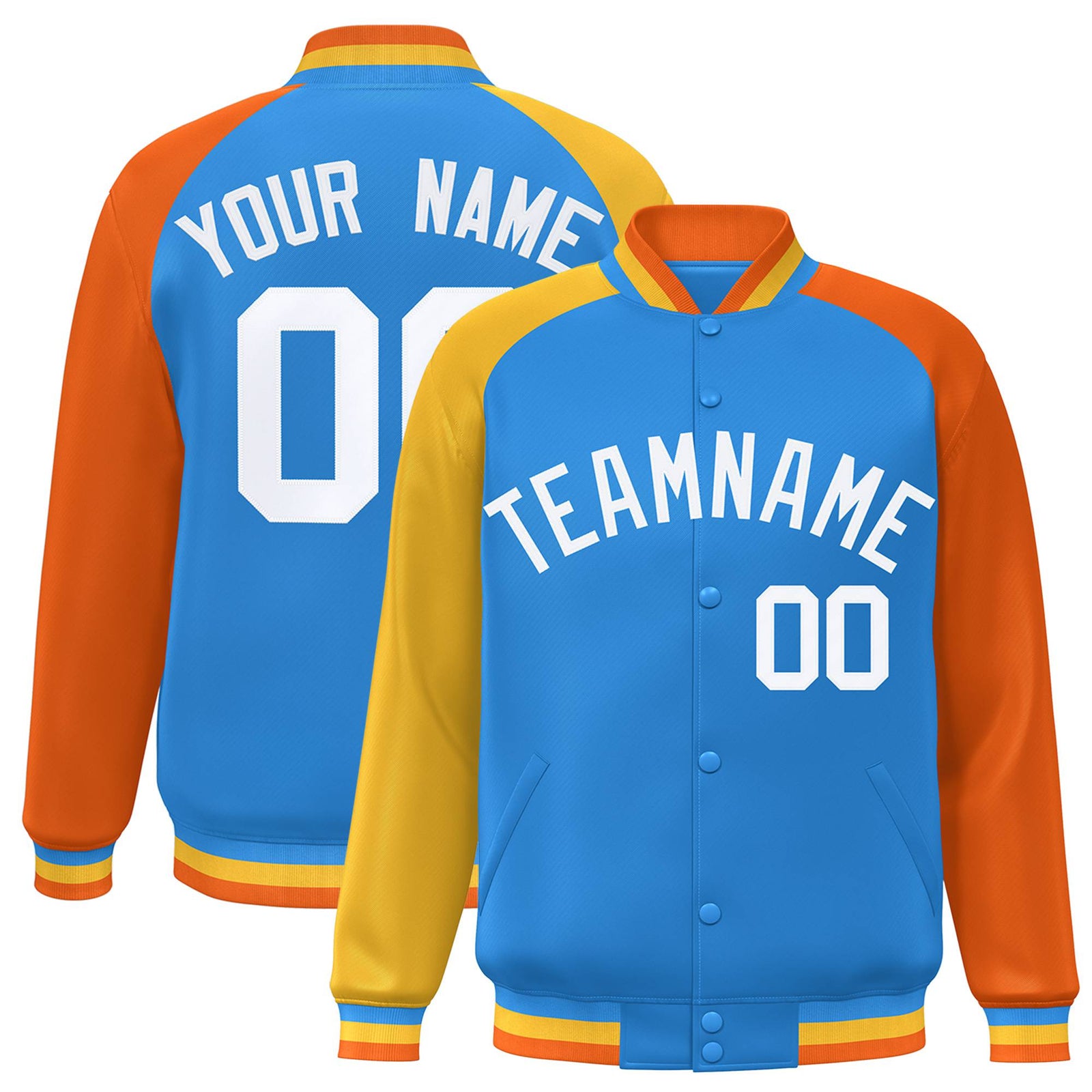 Custom Powder Blue Orange-Gold Raglan Sleeves Varsity Full-Snap Letterman Jacket