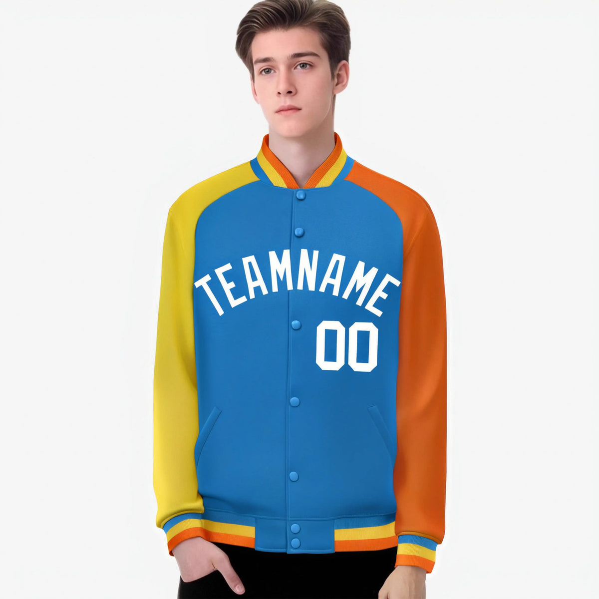 Custom Powder Blue Orange-Gold Raglan Sleeves Varsity Full-Snap Letterman Jacket
