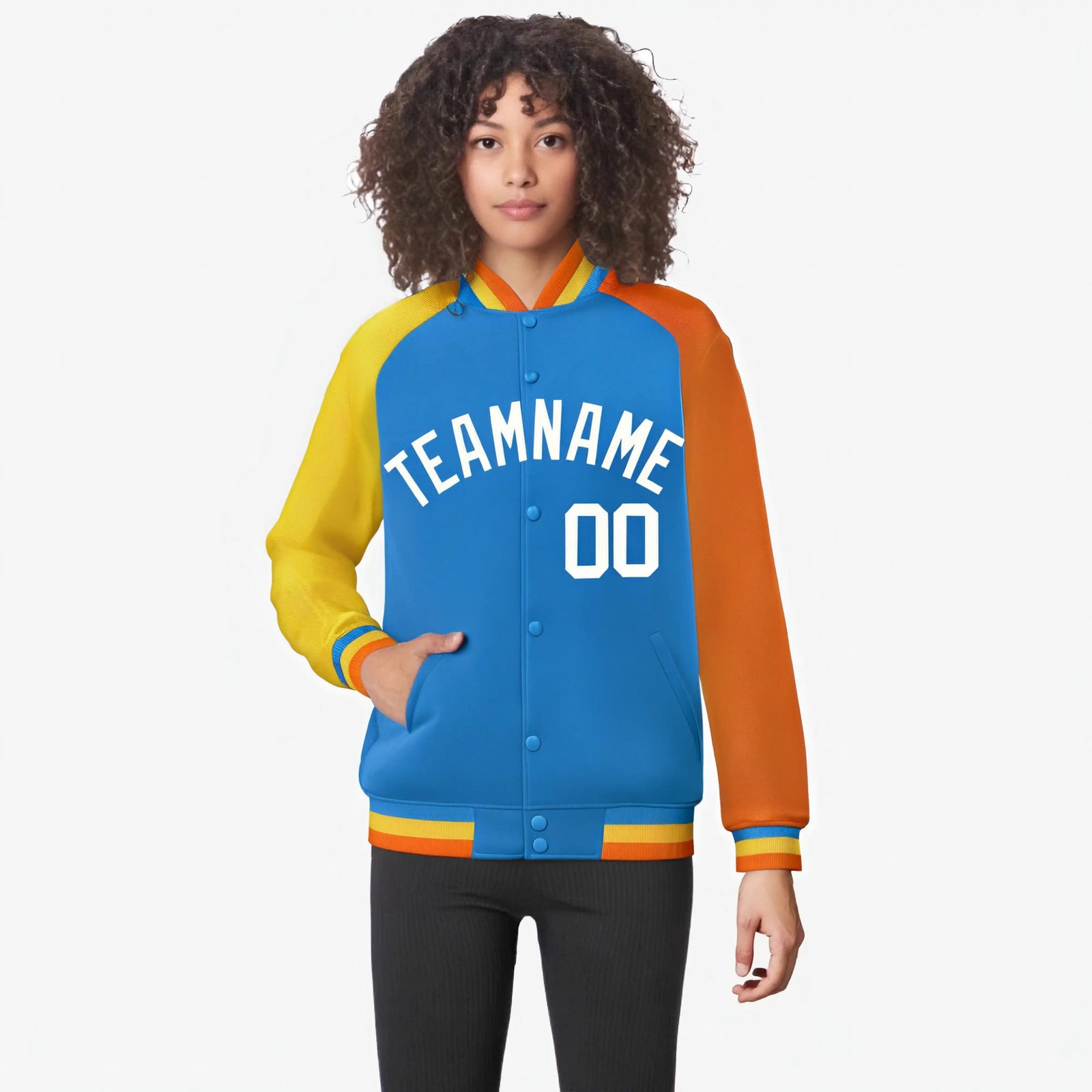 Custom Powder Blue Orange-Gold Raglan Sleeves Varsity Full-Snap Letterman Jacket