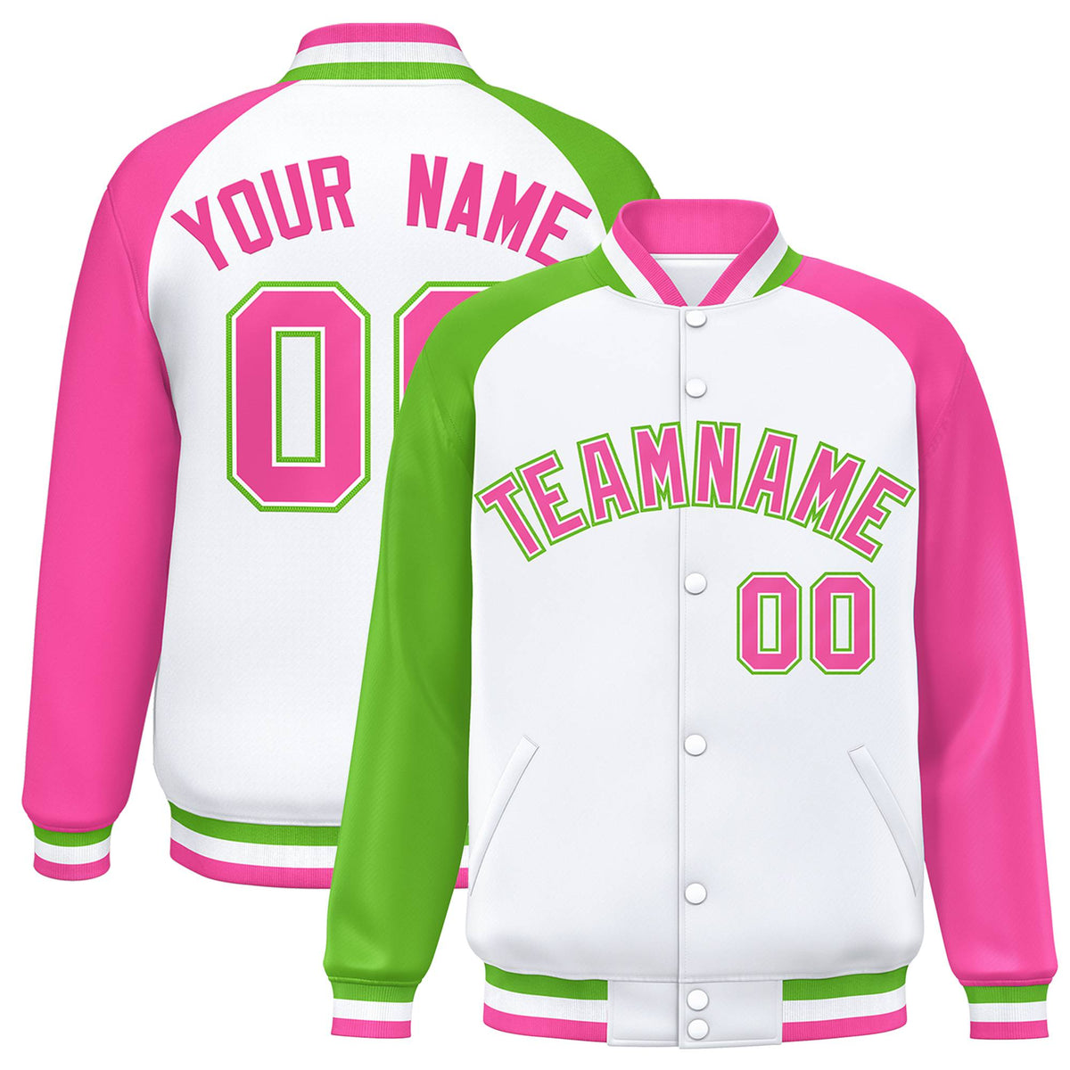 Custom White Pink-Neon Green Raglan Sleeves Varsity Full-Snap Letterman Jacket