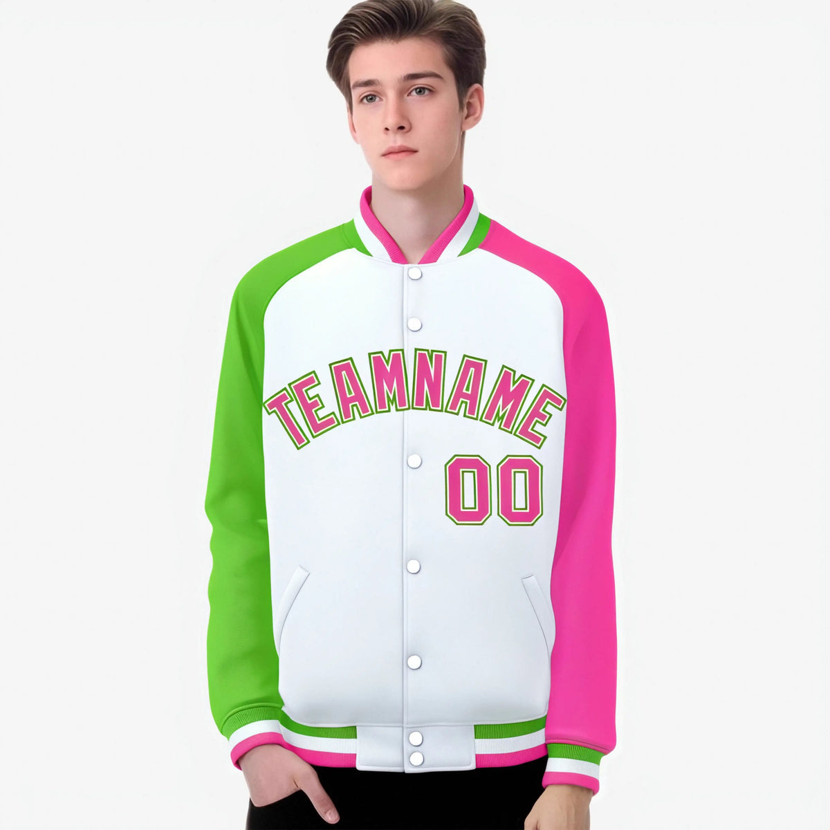 Custom White Pink-Neon Green Raglan Sleeves Varsity Full-Snap Letterman Jacket