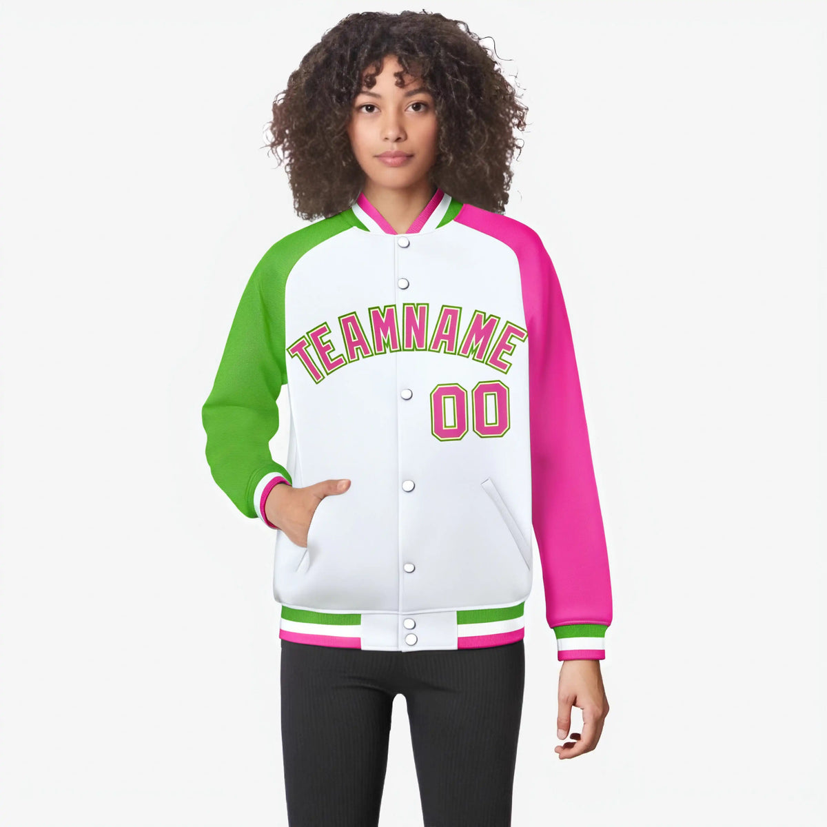 Custom White Pink-Neon Green Raglan Sleeves Varsity Full-Snap Letterman Jacket