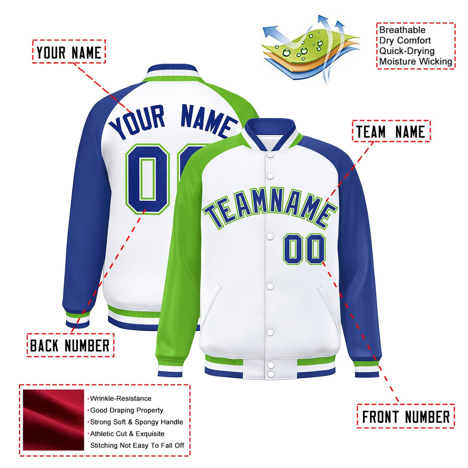 Custom White Royal Blue-Neon Green Raglan Sleeves Varsity Full-Snap Letterman Jacket