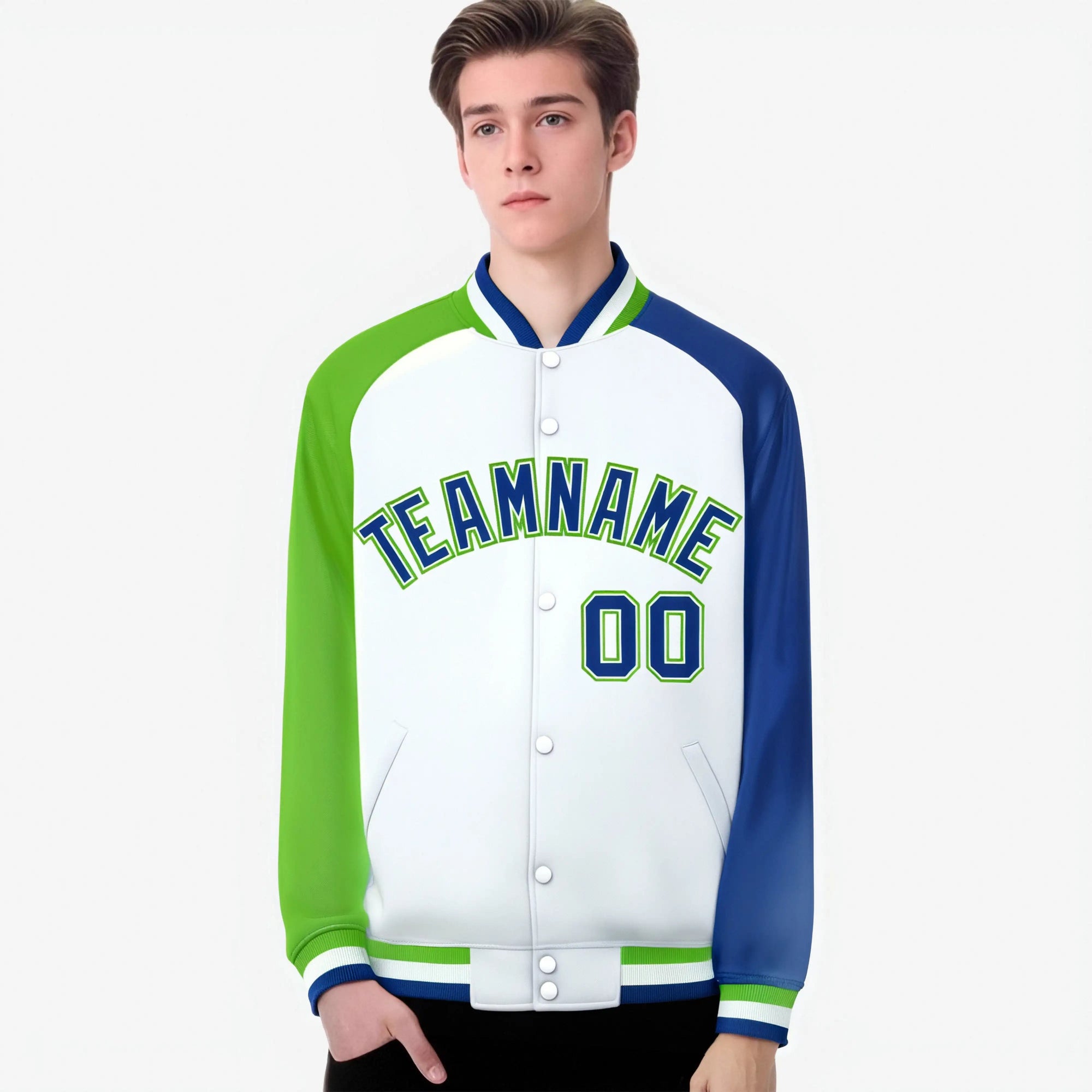 Custom White Royal Blue-Neon Green Raglan Sleeves Varsity Full-Snap Letterman Jacket