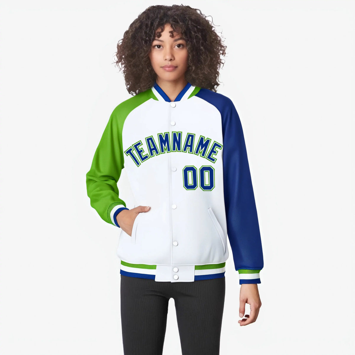 Custom White Royal Blue-Neon Green Raglan Sleeves Varsity Full-Snap Letterman Jacket