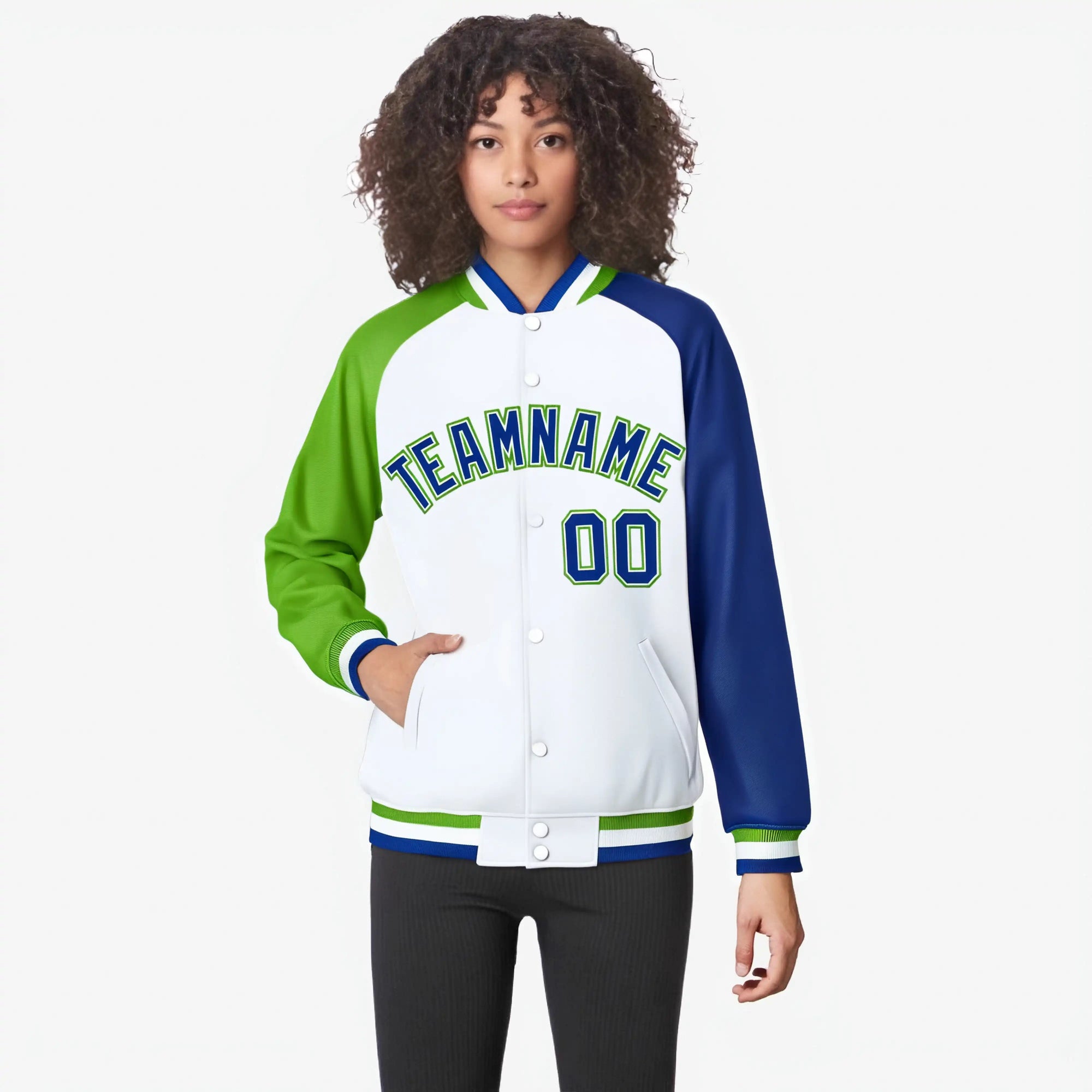 Custom White Royal Blue-Neon Green Raglan Sleeves Varsity Full-Snap Letterman Jacket